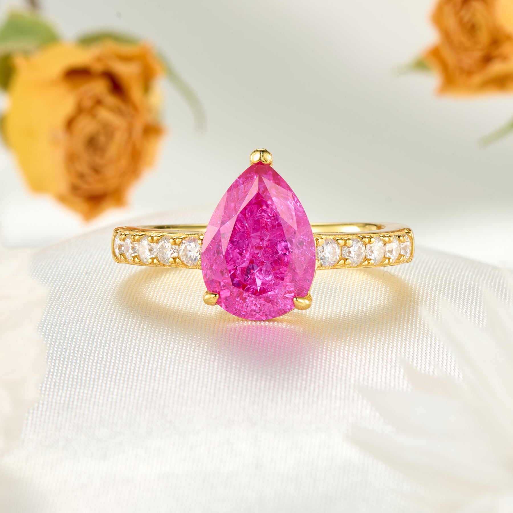 Celina Pear Cut Lab Grown Rose Sapphire Ice-crackle Texture Ring