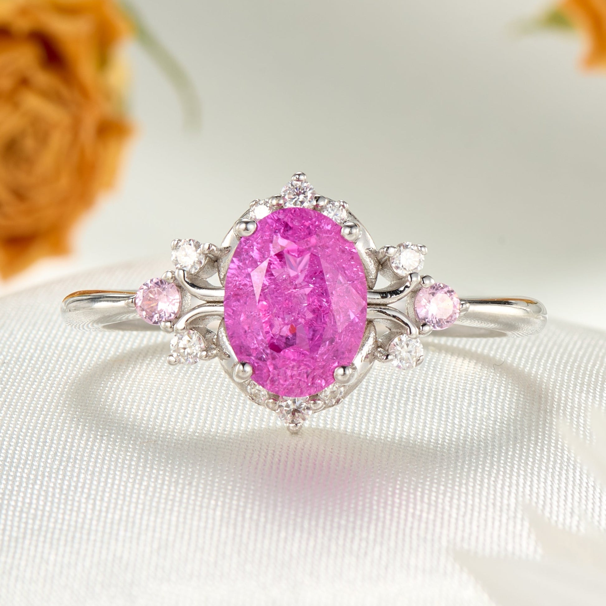 Valoria Oval Vintage Lab Grown Rose Sapphire Ice-crackle Texture Ring