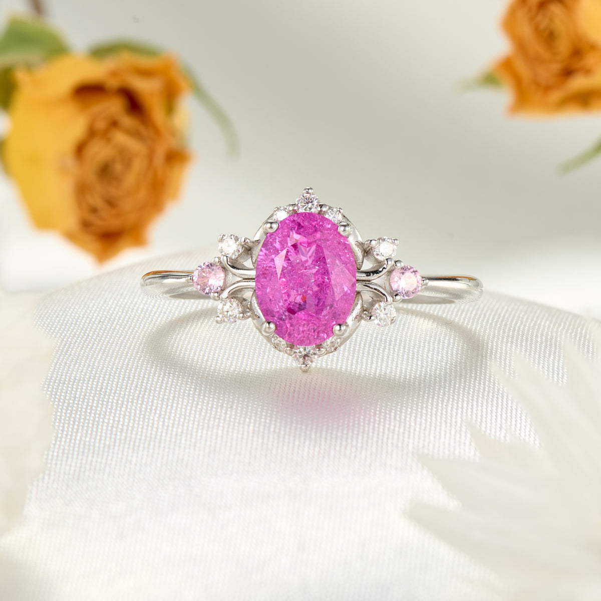 Valoria Oval Vintage Lab Grown Rose Sapphire Ice-crackle Texture Ring