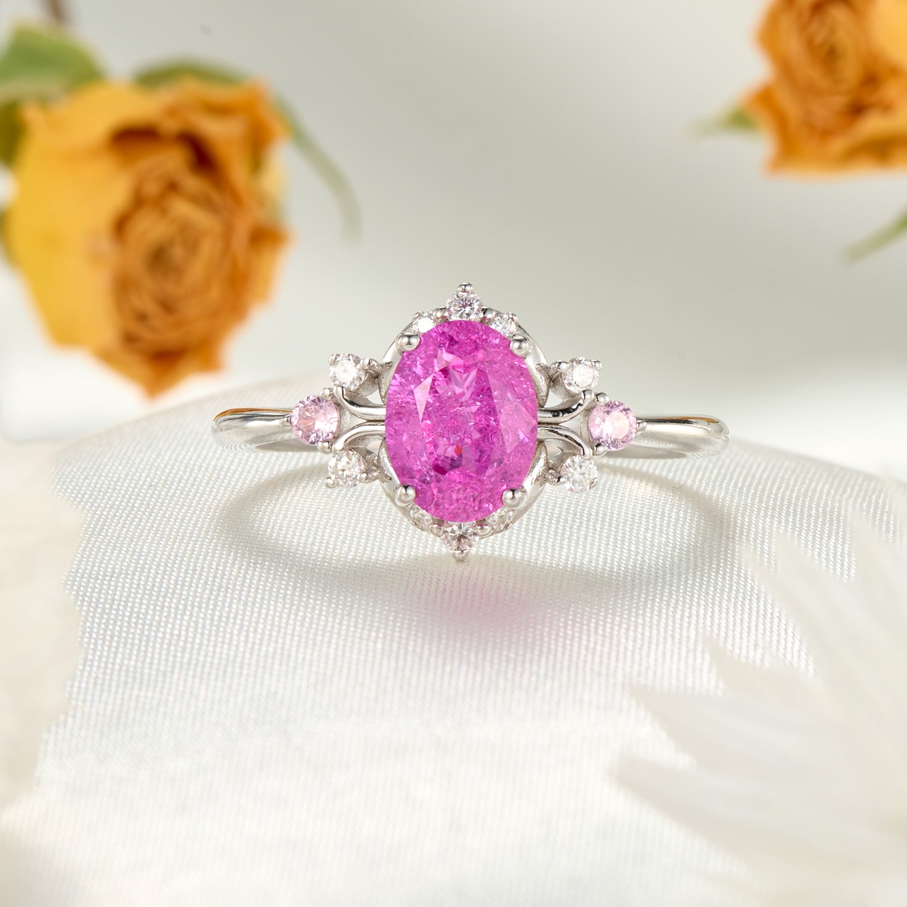 Valoria Oval Vintage Lab Grown Rose Sapphire Ice-crackle Texture Ring