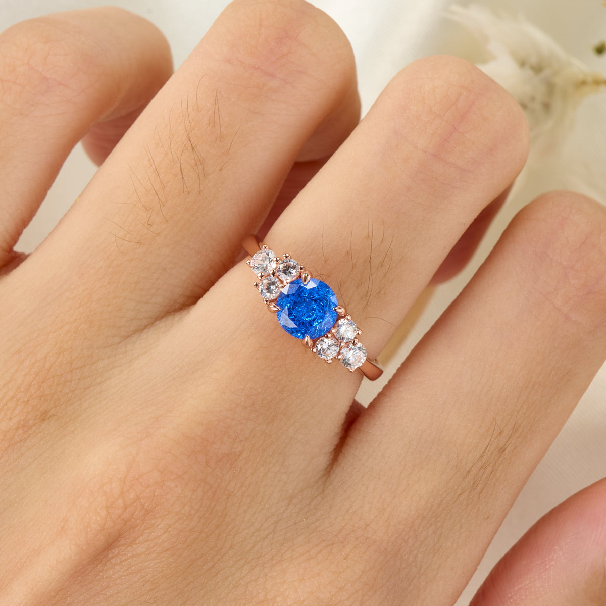 Carina Lab Grown Blue Spinel Triple Stone Ice-crackle Texture Ring