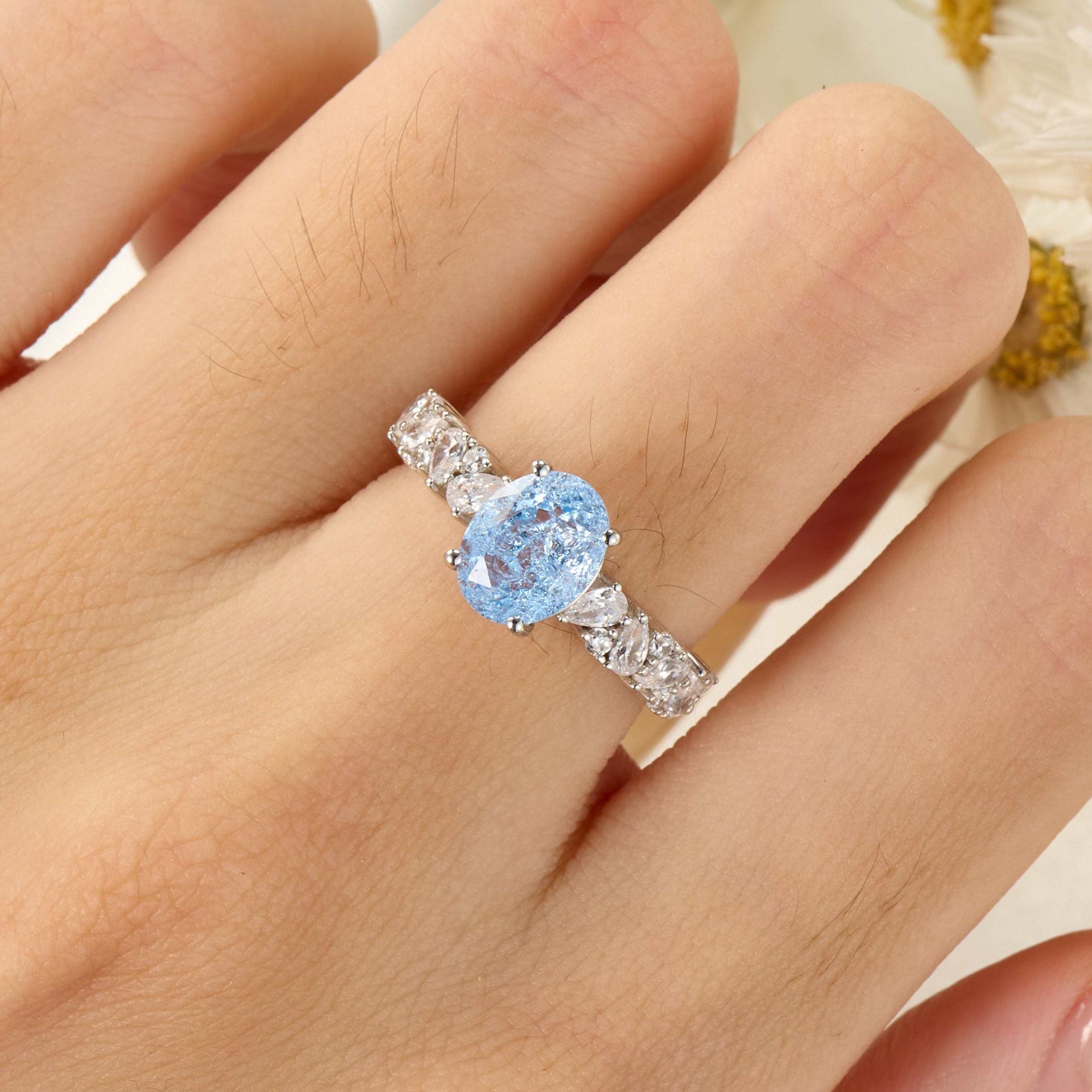 The Celestine Oval Cut Lab Grown Aquamarine Ice-crackle Texture Ring