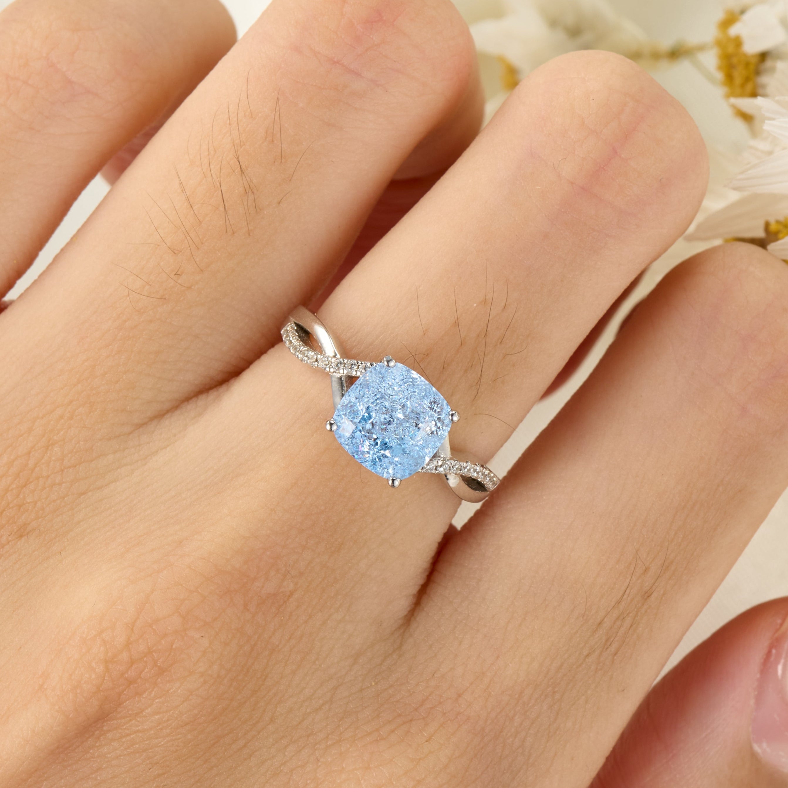 The Gisella Asscher Cut Lab Grown Aquamarine Ice-crackle Texture Ring