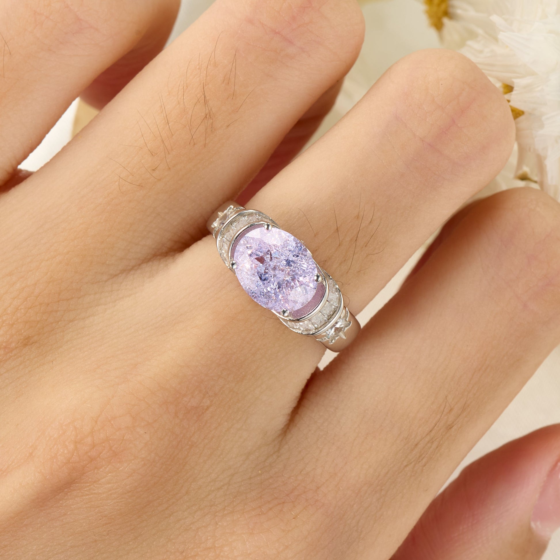 The Esmeralda Oval Cut Lab Grown Lavender Garnets Ice-crackle Texture Ring