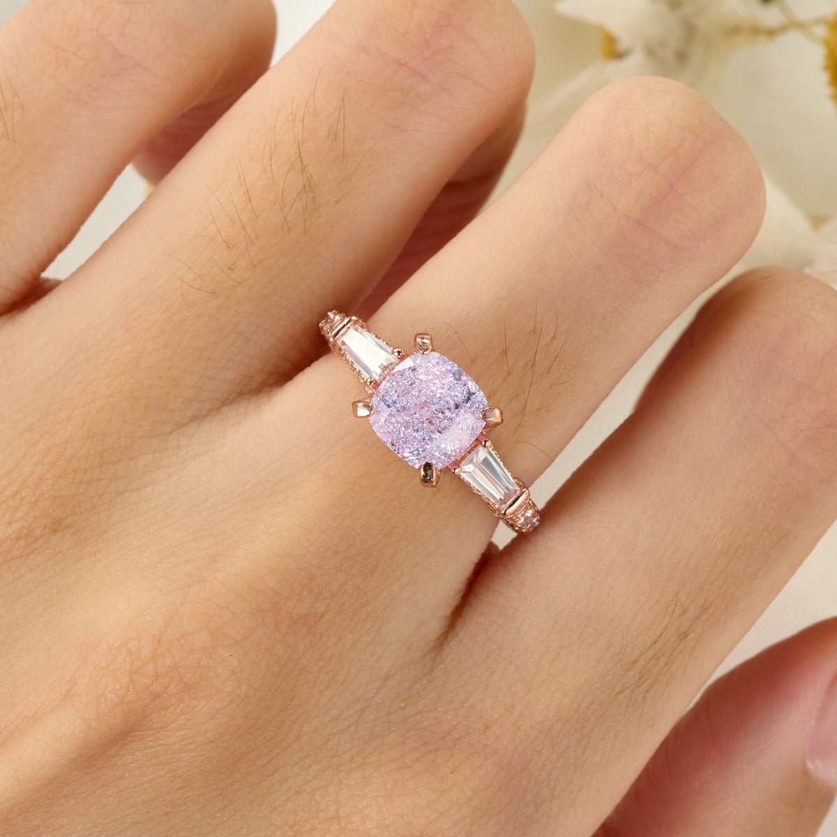 Decagon Nova Diamond Cut Lab Grown Lavender Garnets Ice-crackle Texture Ring