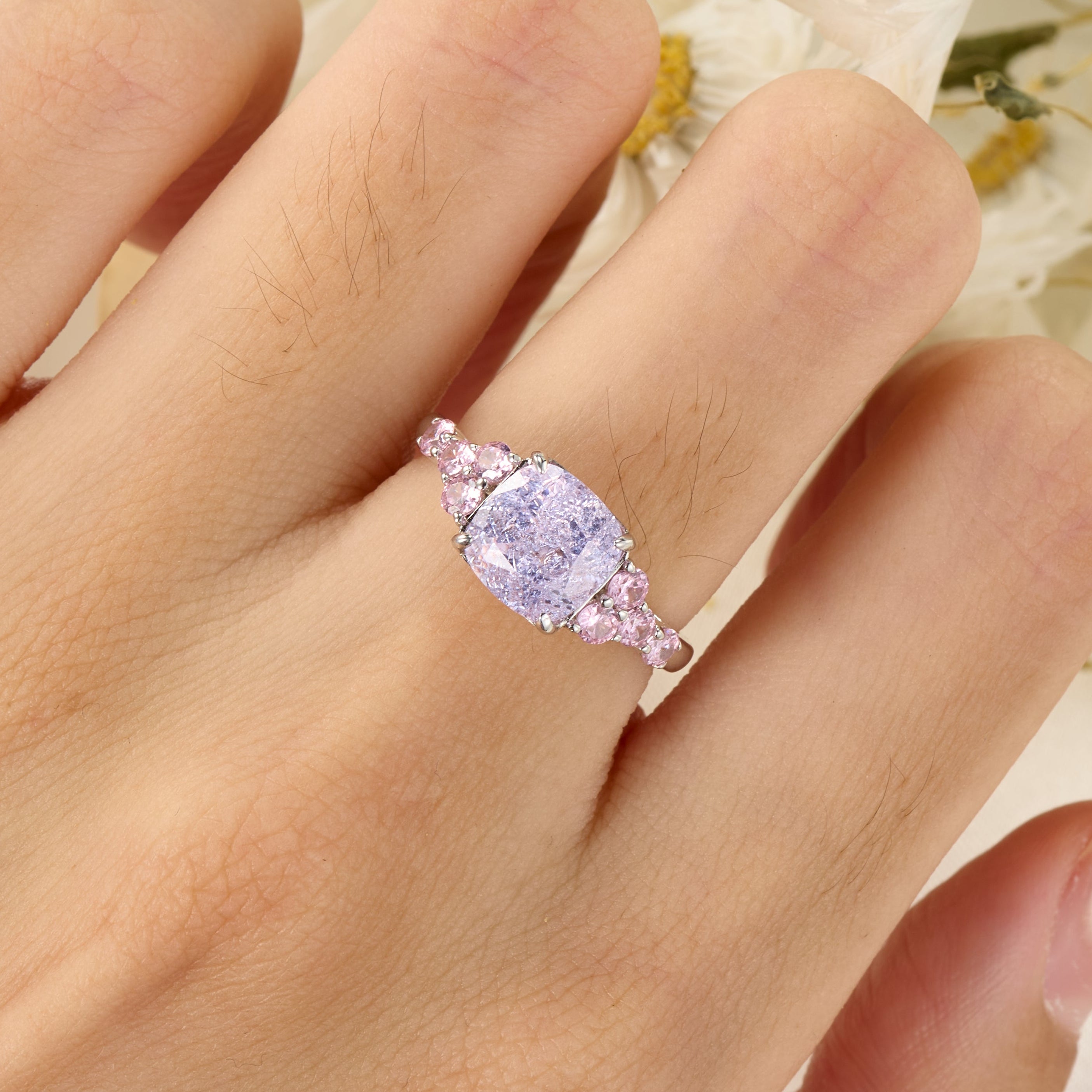 The Gisella Asscher Cut Lab Grown Lavender Garnets Ice-crackle Texture Ring