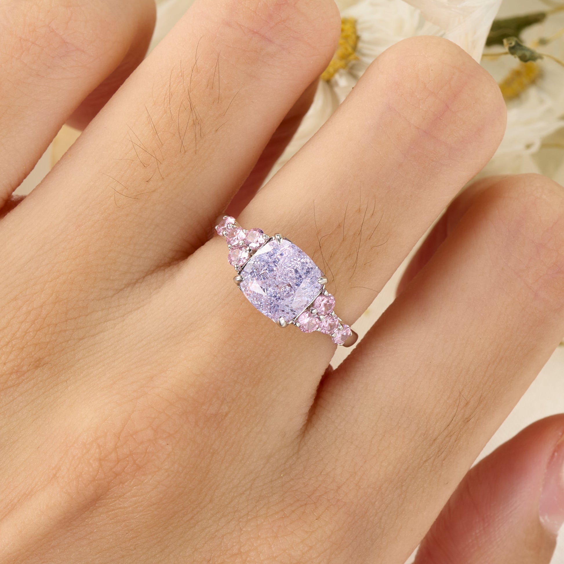 The Gisella Asscher Cut Lab Grown Lavender Garnets Ice-crackle Texture Ring