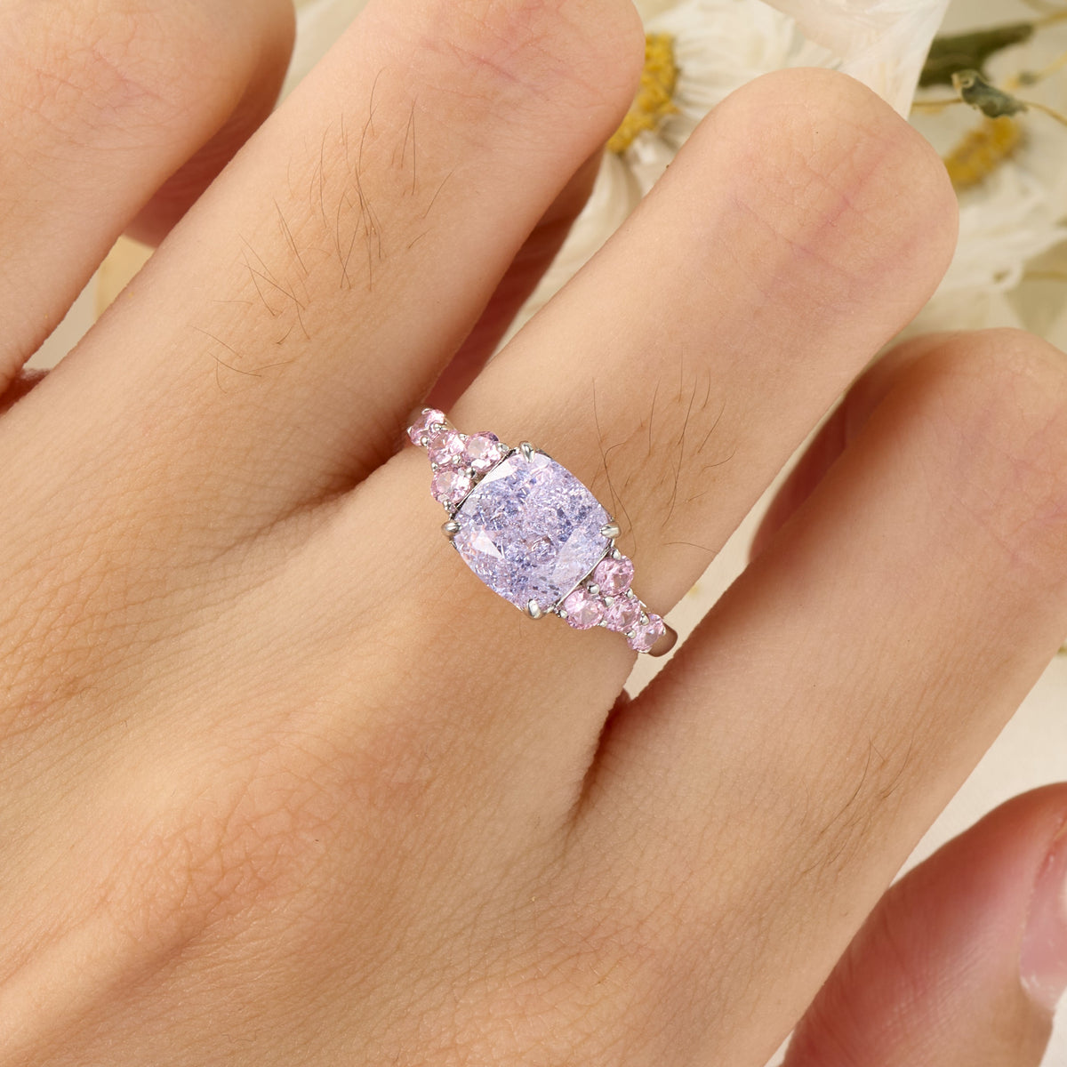 The Gisella Asscher Cut Lab Grown Lavender Garnets Ice-crackle Texture Ring