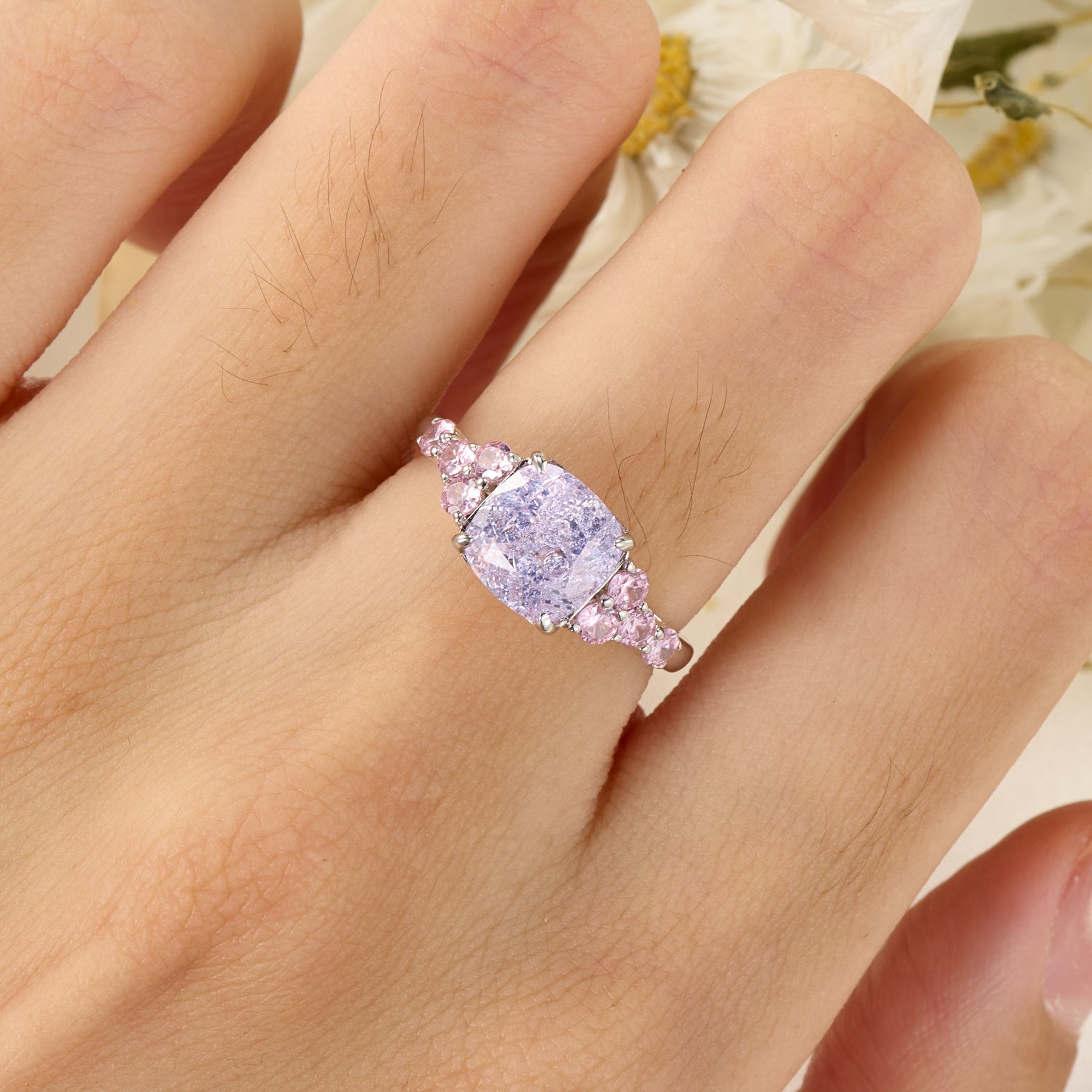 The Gisella Asscher Cut Lab Grown Lavender Garnets Ice-crackle Texture Ring