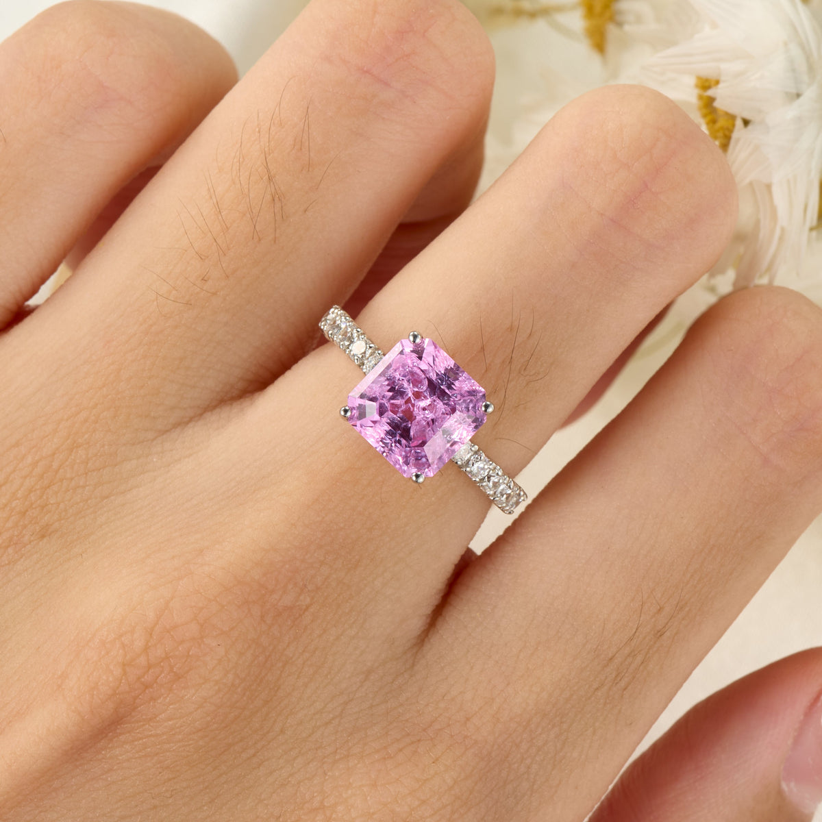 Juliana Hope Cushion Cut Lab Grown Pink Sapphire Ice-crackle Texture Ring