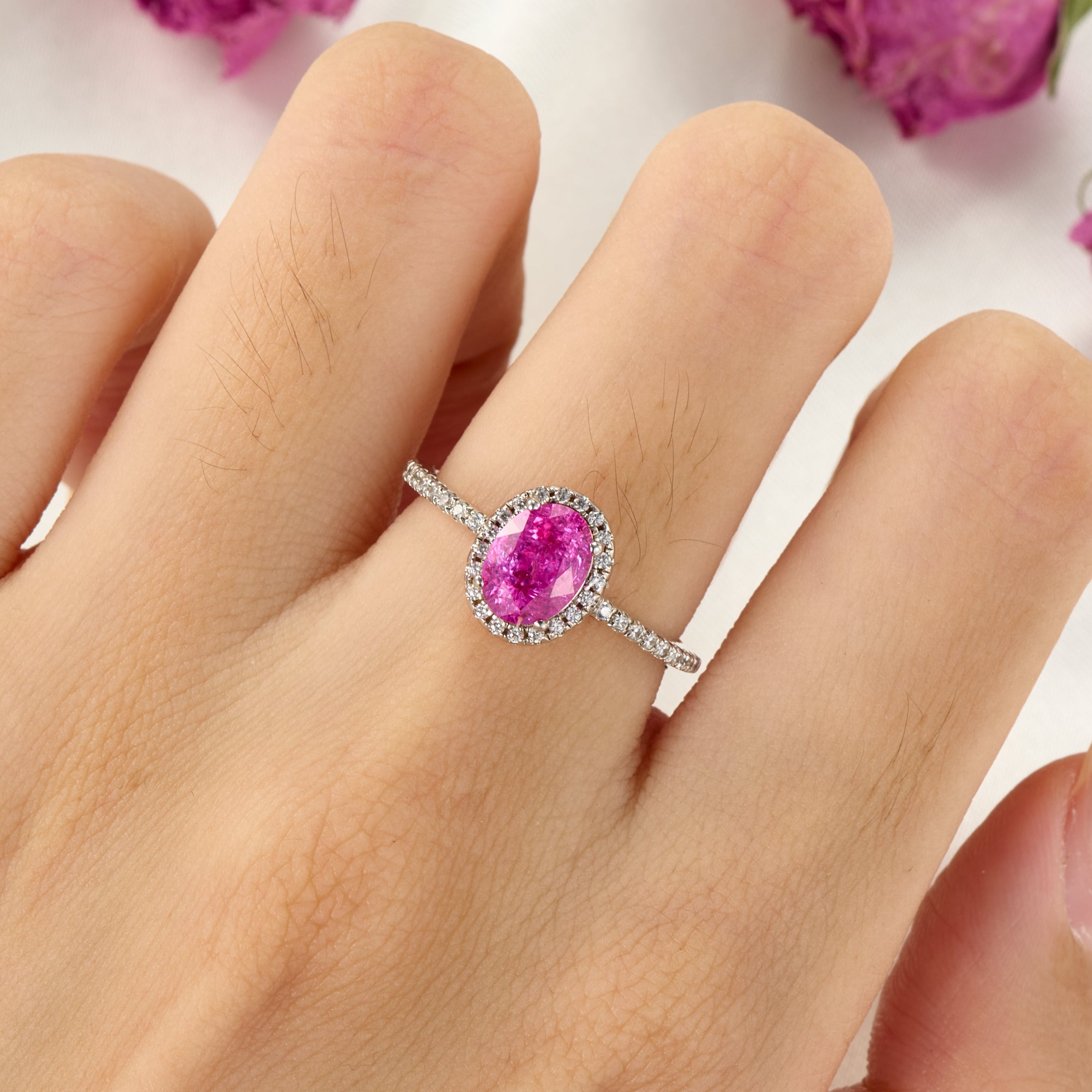 The Odette Oval Cut Lab Grown Rose Sapphire Halo Ice-crackle Texture Ring