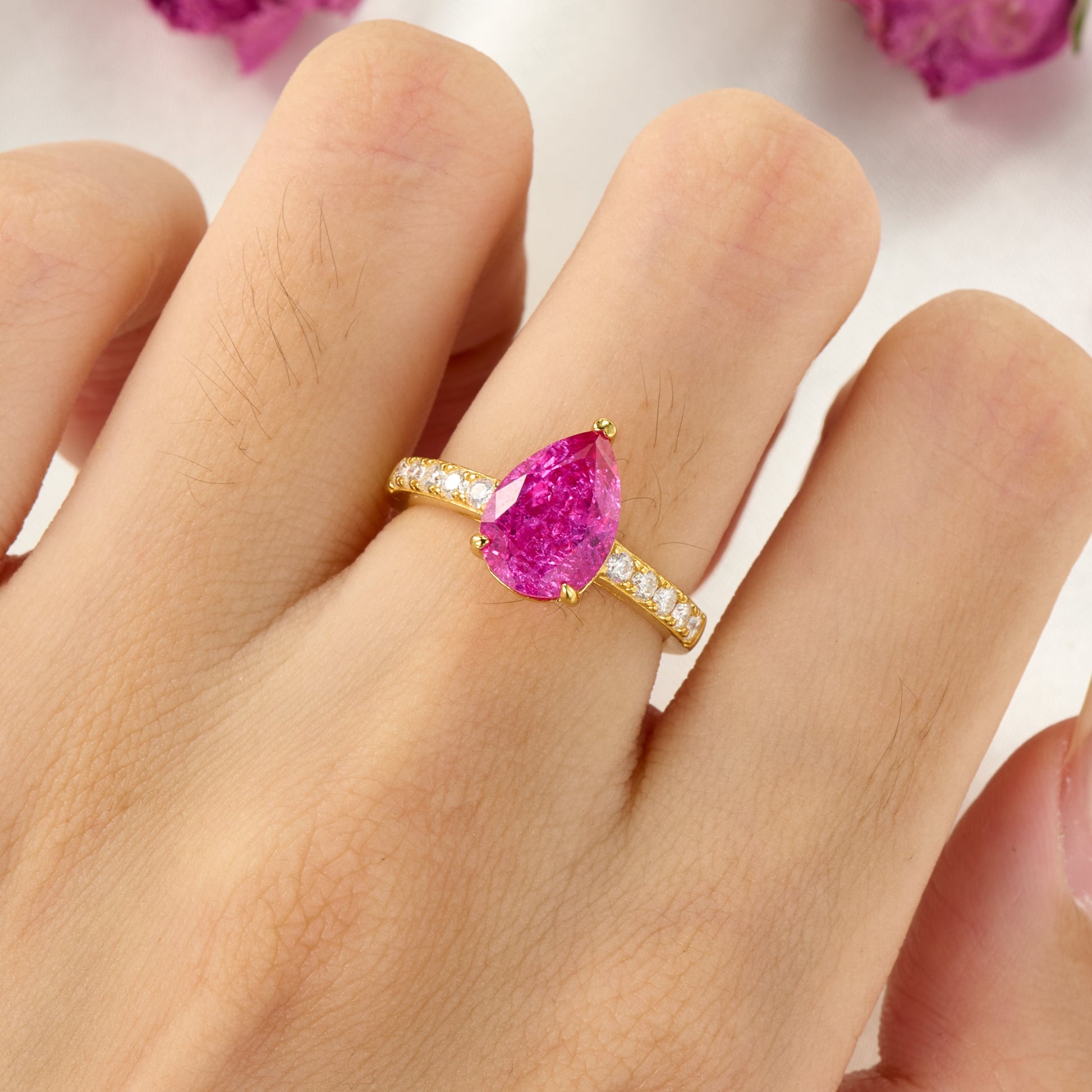 Celina Pear Cut Lab Grown Rose Sapphire Ice-crackle Texture Ring