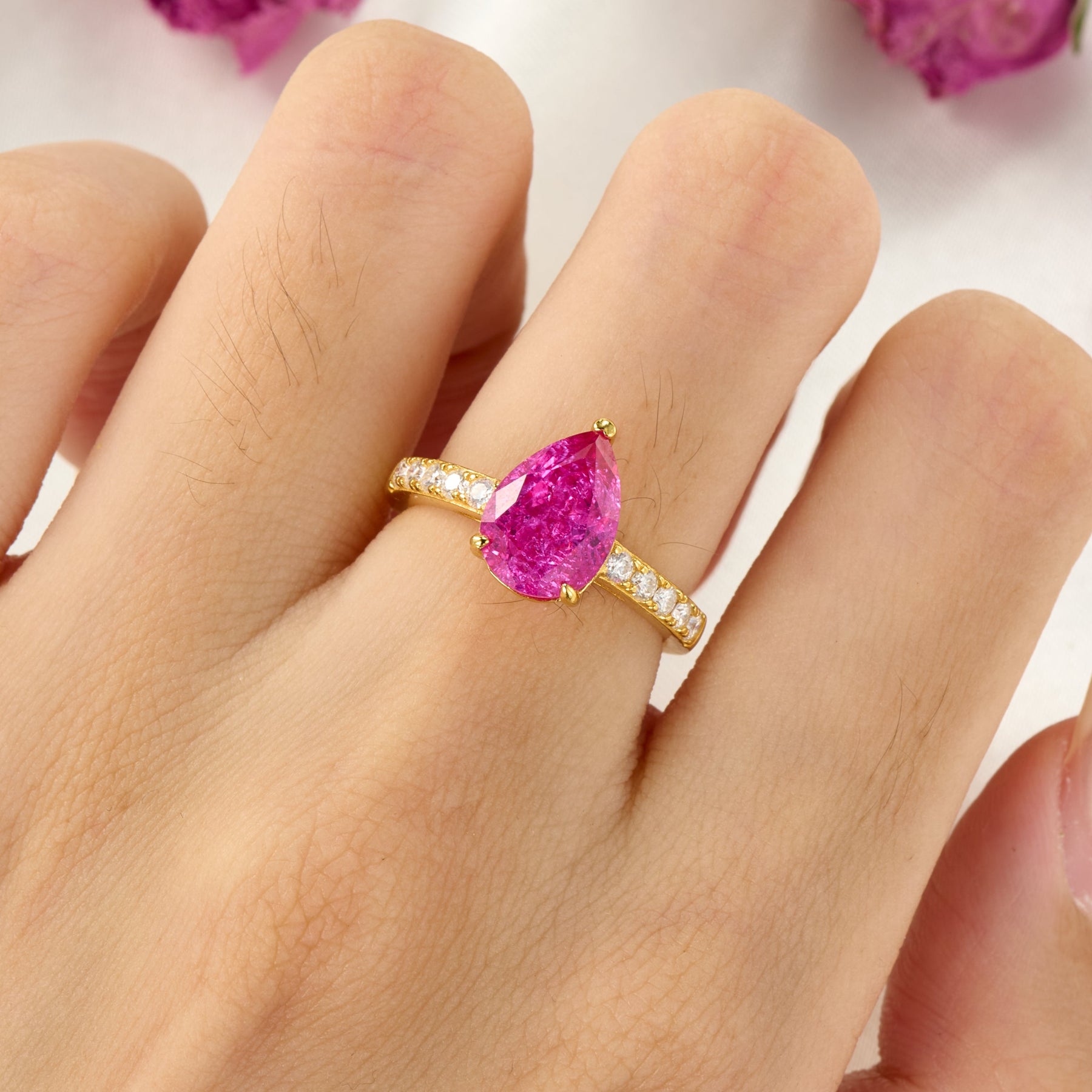 Celina Pear Cut Lab Grown Rose Sapphire Ice-crackle Texture Ring