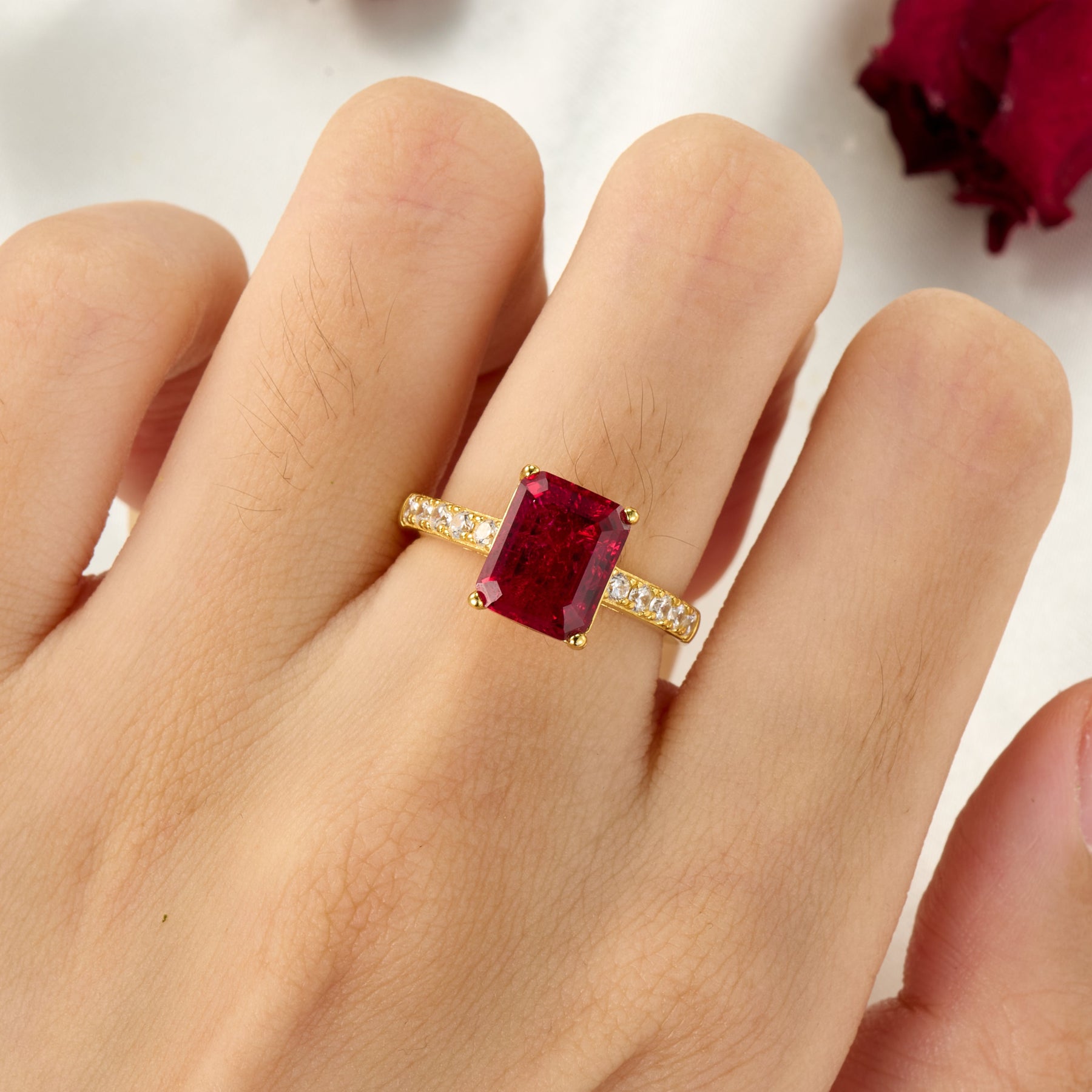 The Bella Emerald Cut Lab Grown Ruby Sapphire Ice-crackle Texture Engagement Ring