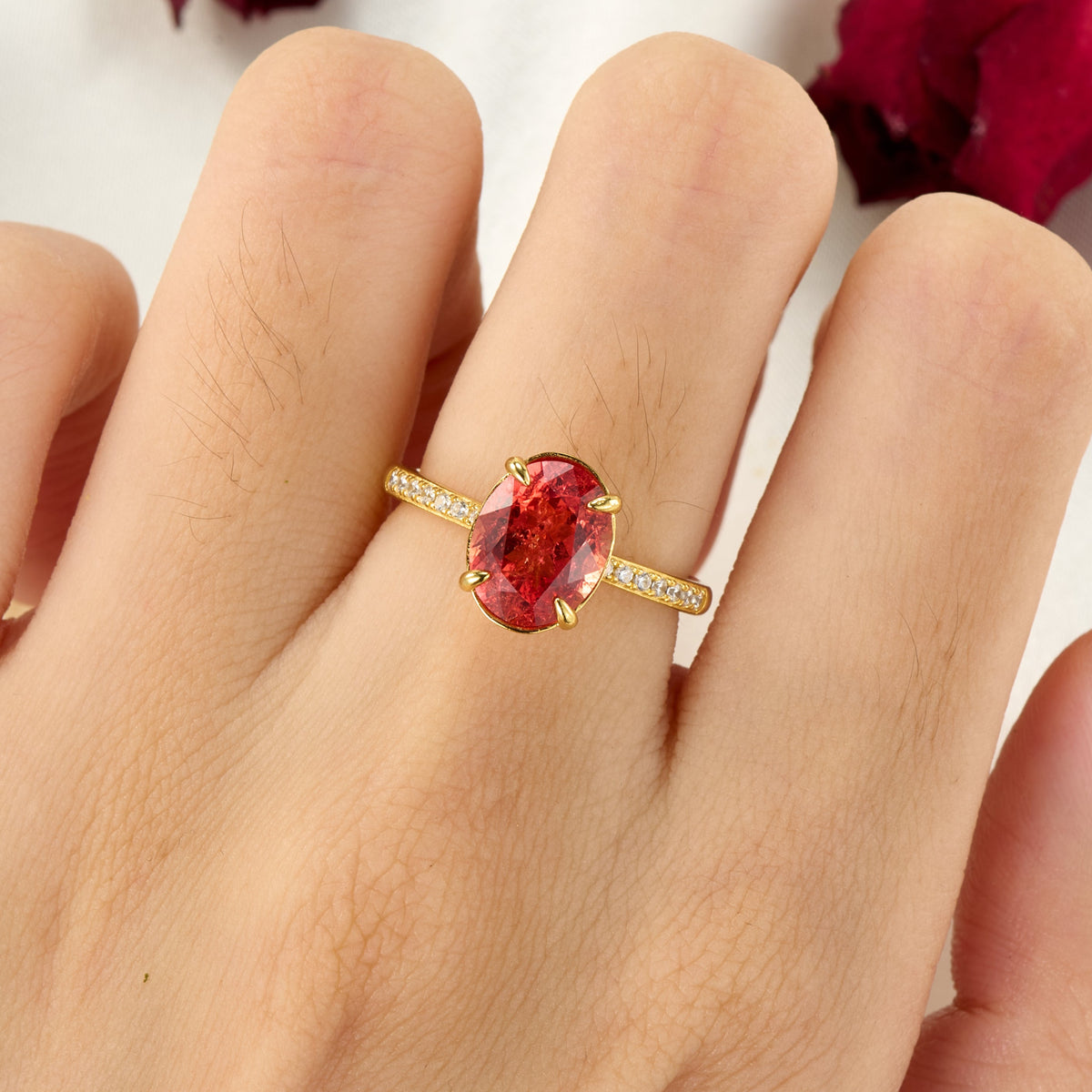 The Luna Oval Cut Lab Grown Fanta Garnets Ice-crackle Texture Ring
