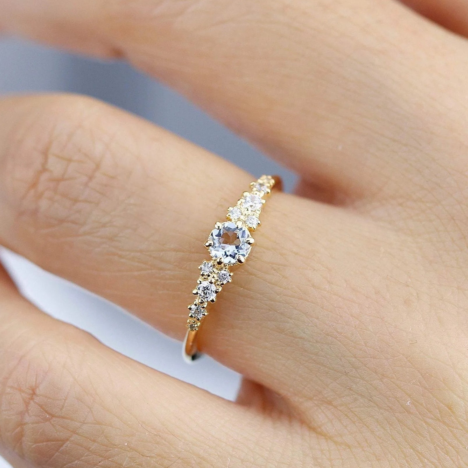 Round Cut Lab Grown Aquamarine Cluster Engagement Ring