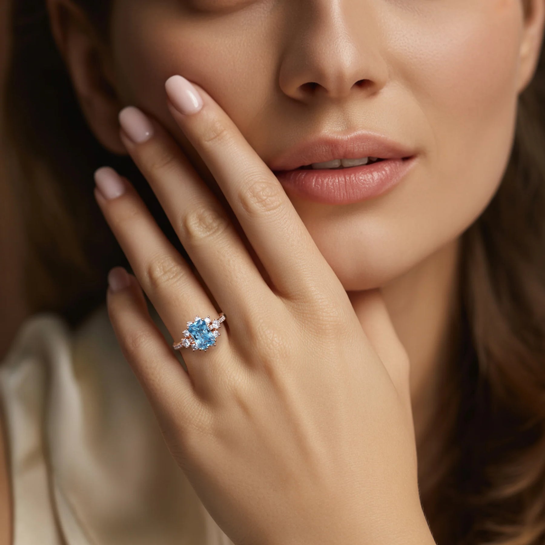 Bethany Radiant Cut Blue Gemstone Halo Ring