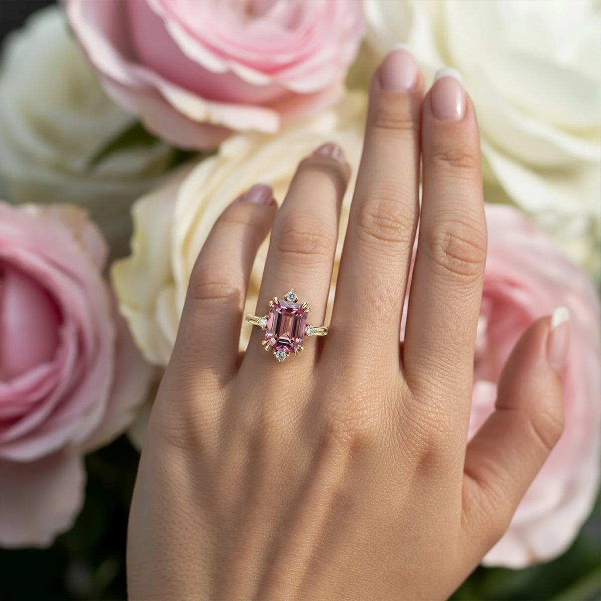 Calenith 5CT Emerald-Cut Pink Gemstone Ring