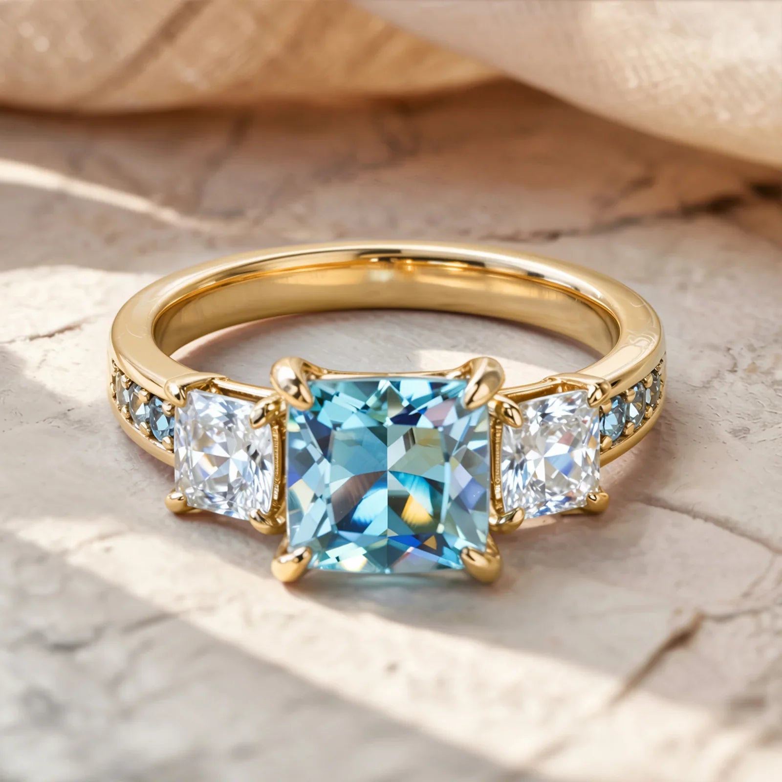 Bague en pierre précieuse bleue taille princesse à l'aura cristalline