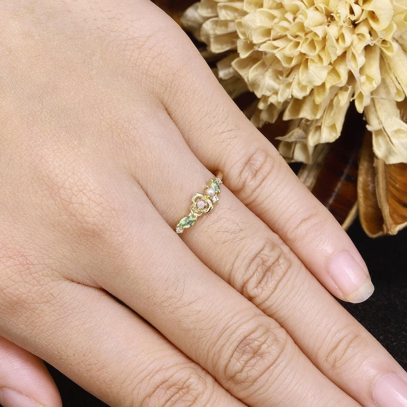 Nature Flower Round Cut Opal Peridot Engagement Ring