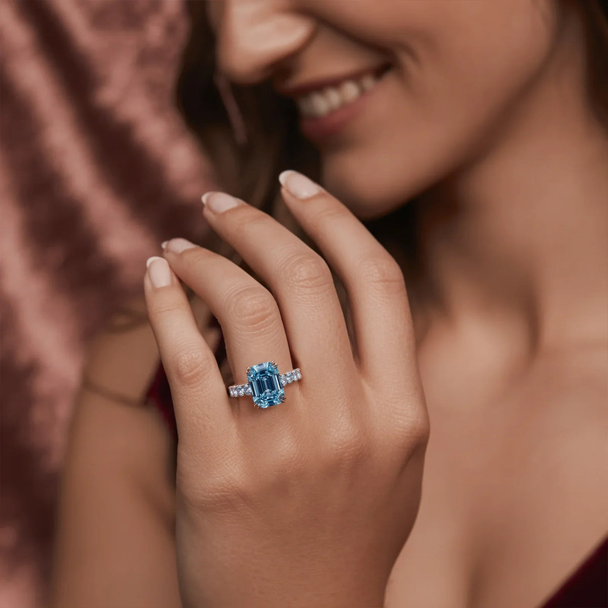 The Camellia 3CT Emerald Cut Blue Gemstone Ring