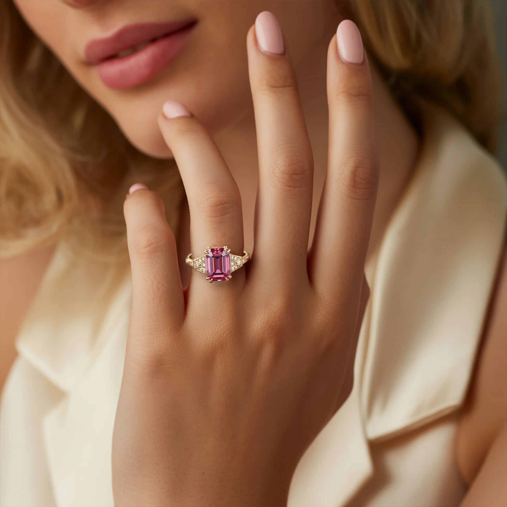 Seraphira Emerald-Cut Pink Gemstone Ring