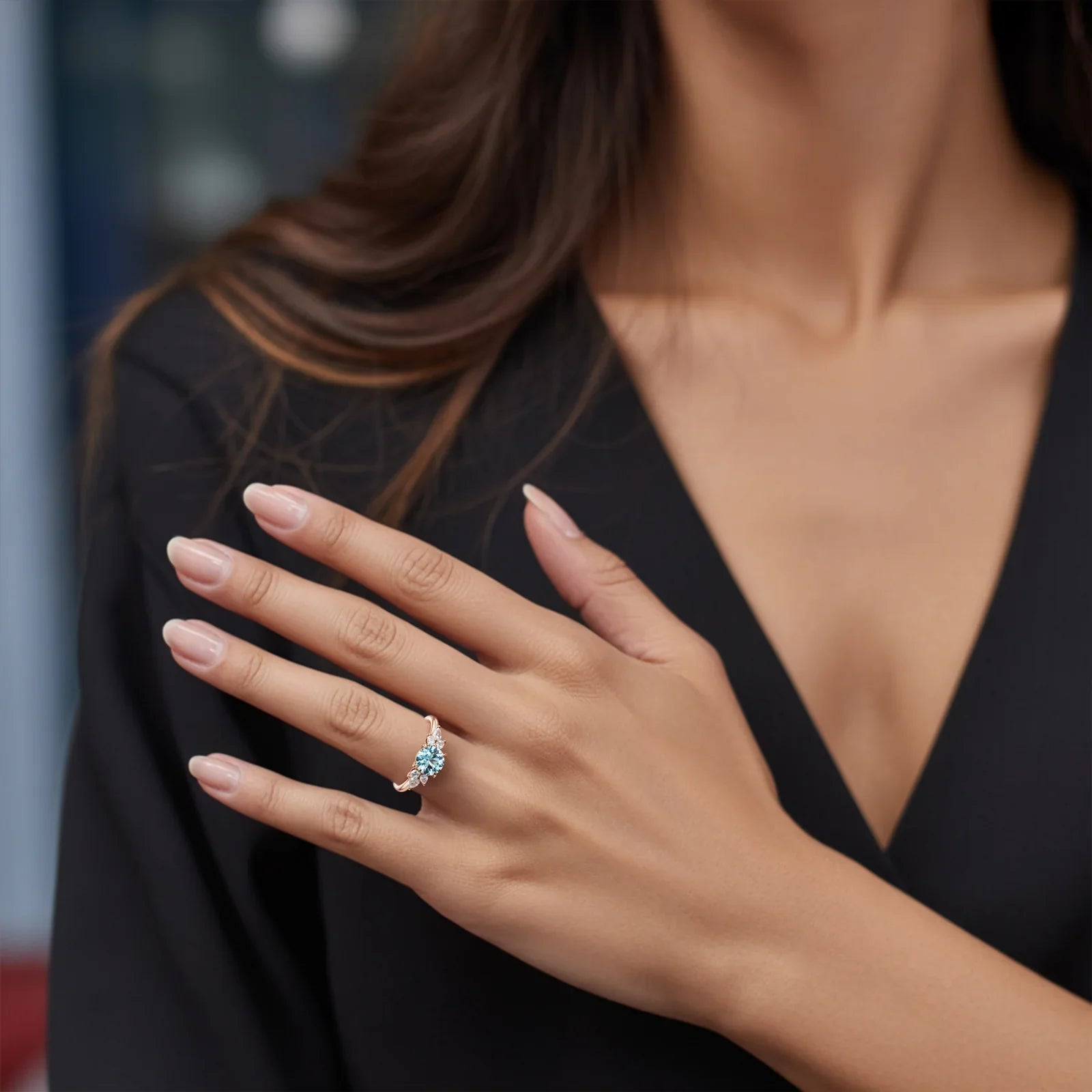 The Amaris Round Cut Blue Gemstone Vine Ring