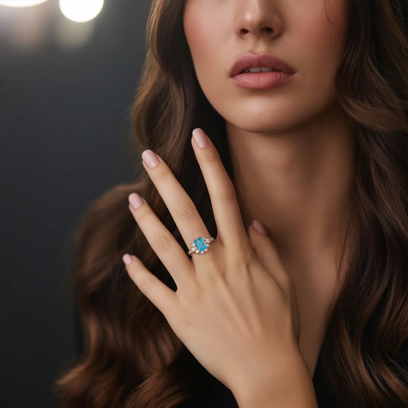 The Bethany 2CT Emerald Cut Blue Moissanite Halo Ring