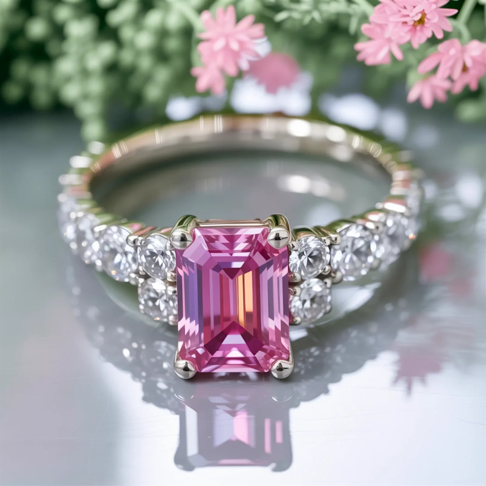 Der Adelina Rae Ring mit smaragdgeschliffenem rosa Edelstein