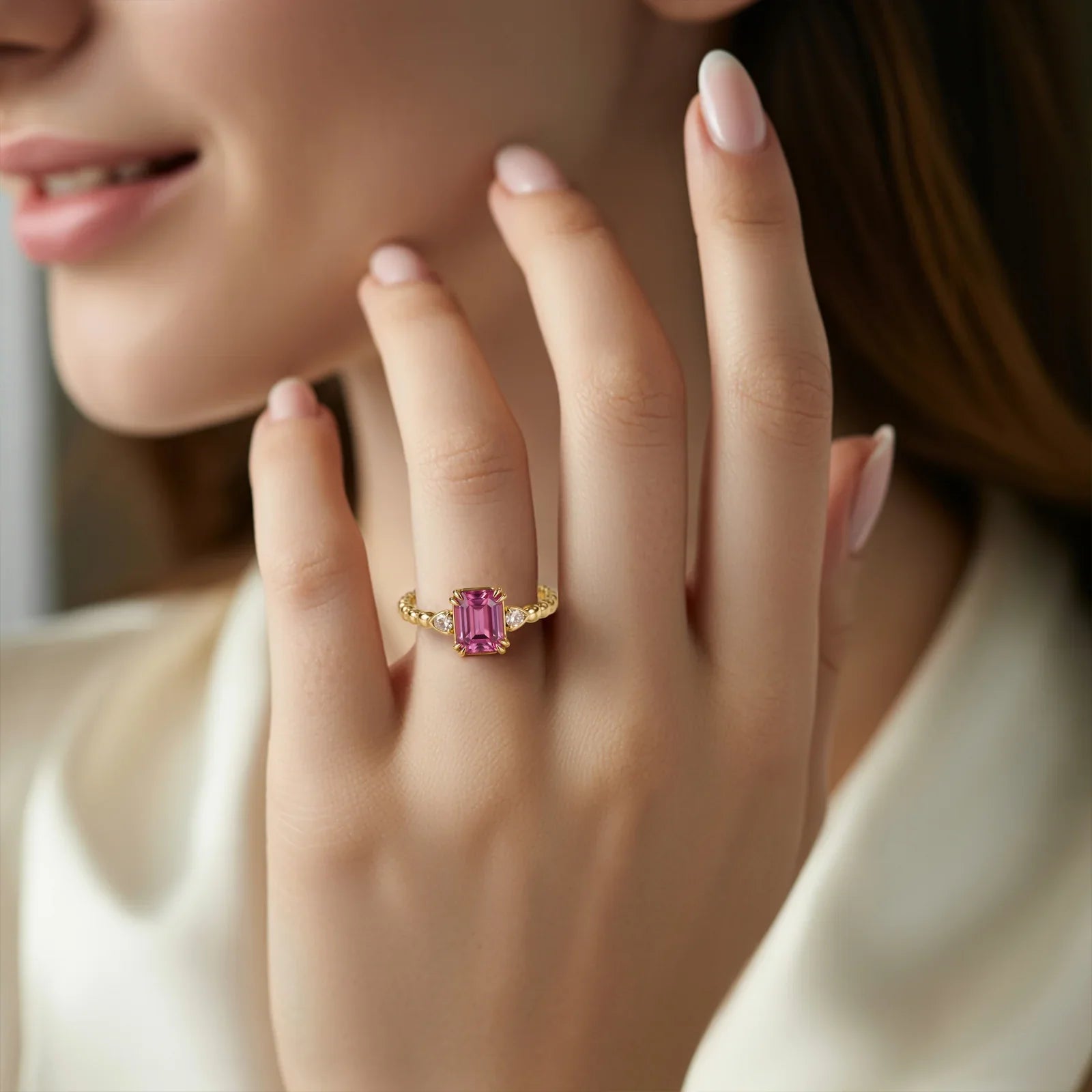 The Elowyn Emerald Cut Luxe Pink Gemstone Ring
