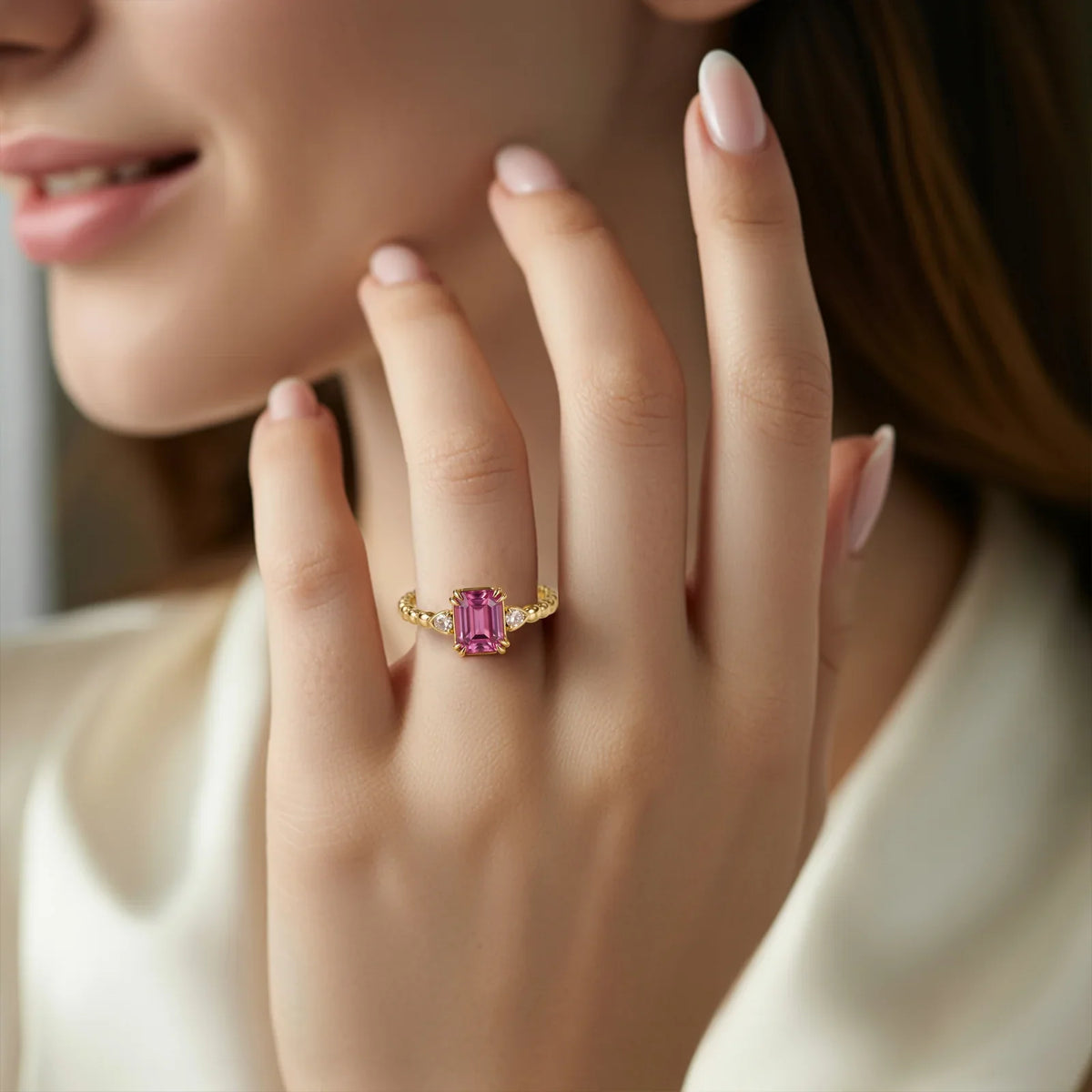 The Elowyn 2CT Emerald Cut Luxe Pink Gemstone Ring