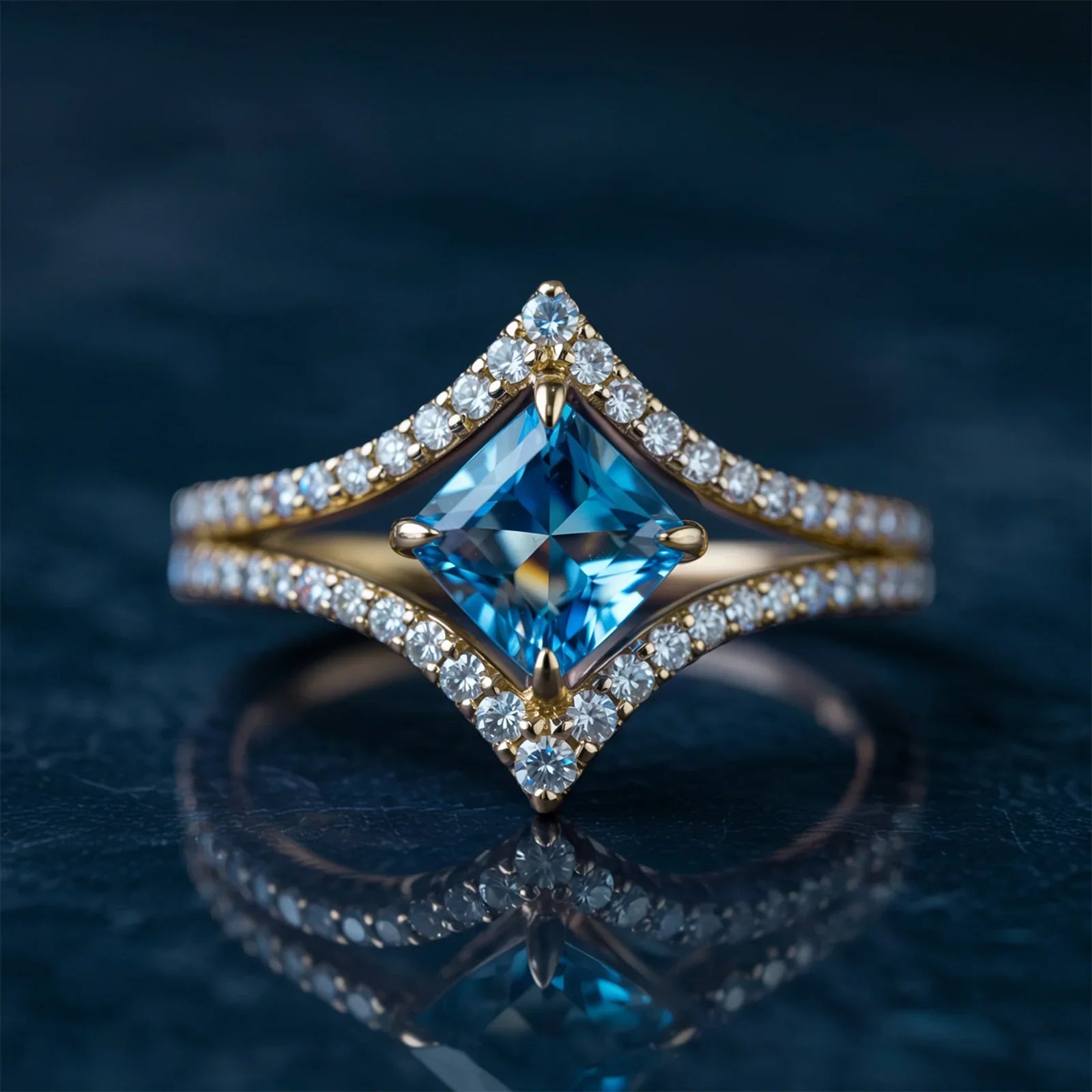 Der Arista Peak Prinzessschliff-Ring mit blauem Edelstein und Halo-Fassung