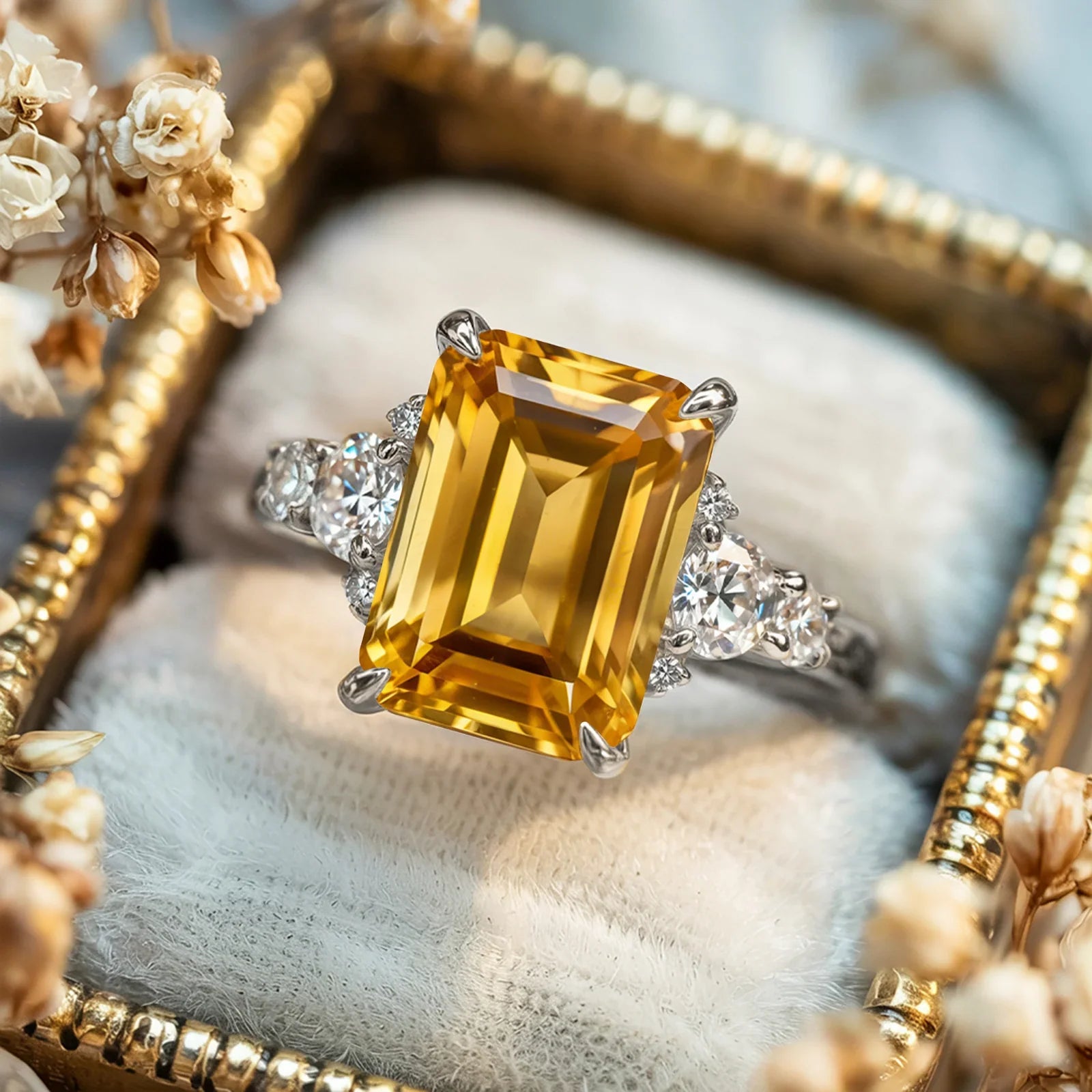 The Bella 3CT Emerald Cut Yellow Gemstone Ring