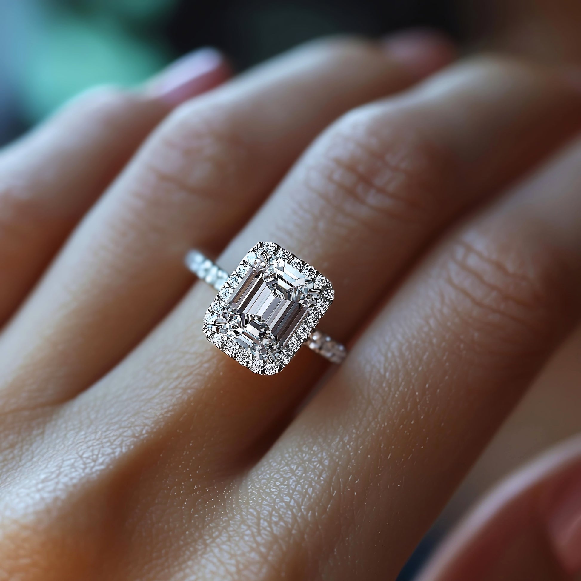 The Rosalind Claire Emerald Cut Halo Moissanite Ring