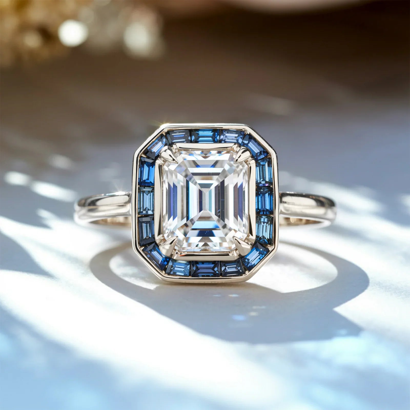 The Indigo Whisper 1CT Emerald Cut Halo Moissanite Ring