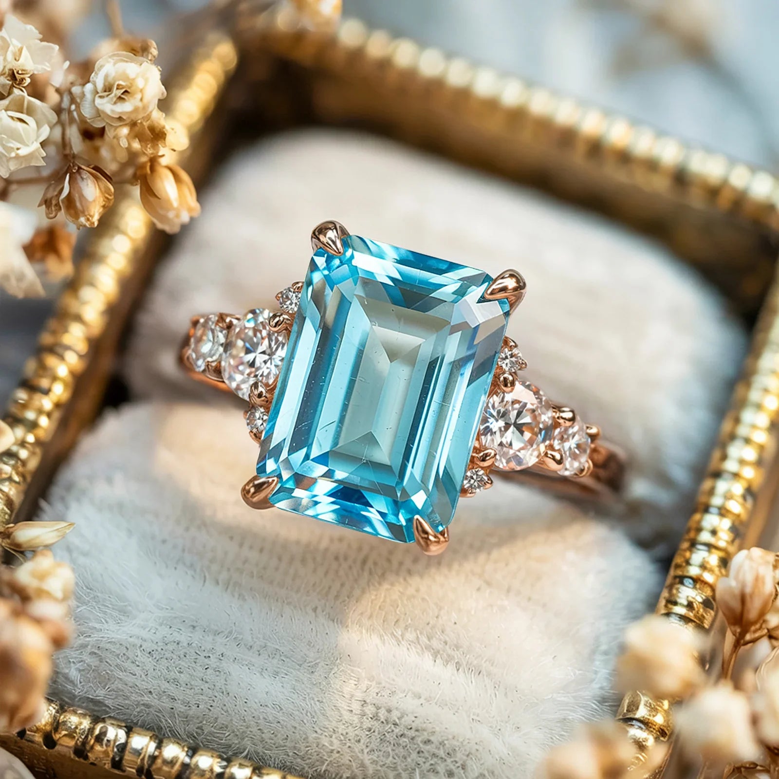 Der Bella-Ring mit smaragdgeschliffenem blauen Edelstein