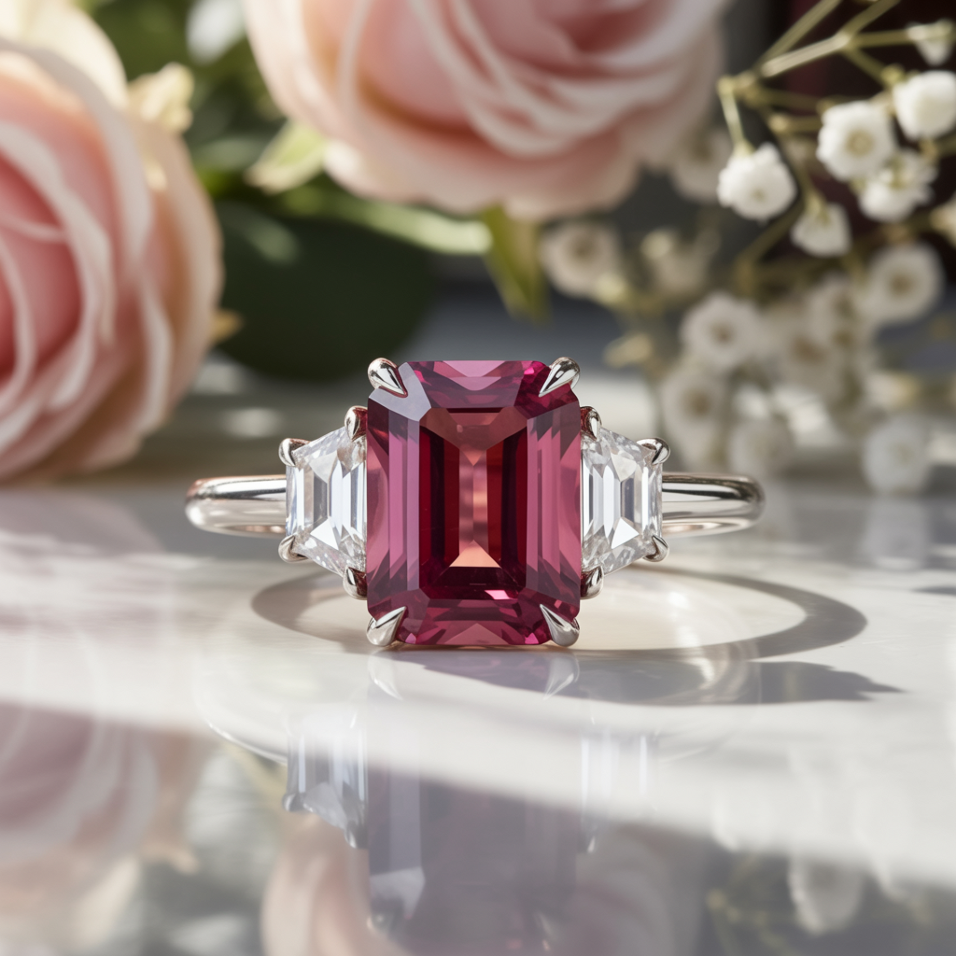 Bague Virelia en pierre précieuse rose taille émeraude