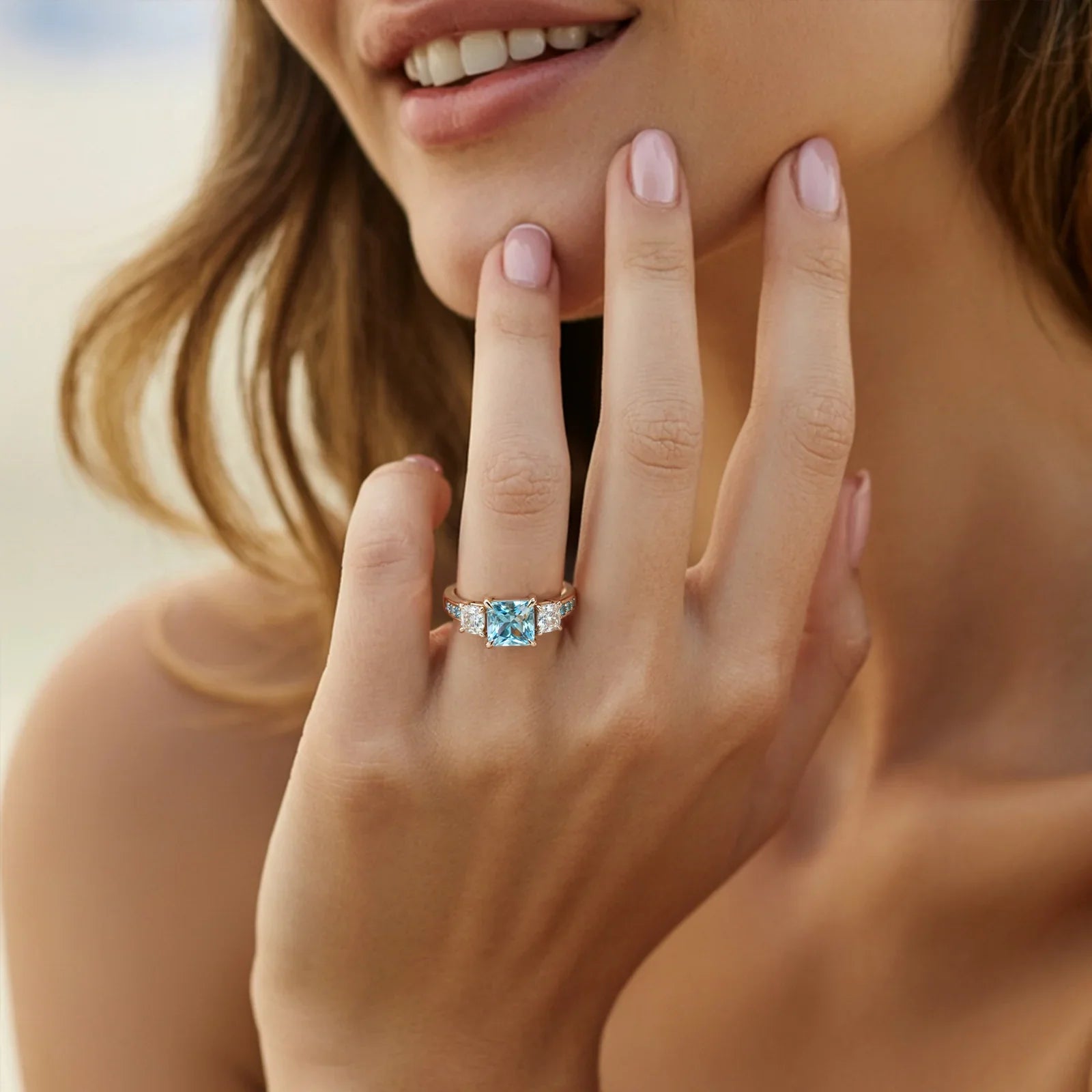 Bague en pierre précieuse bleue taille princesse à l'aura cristalline
