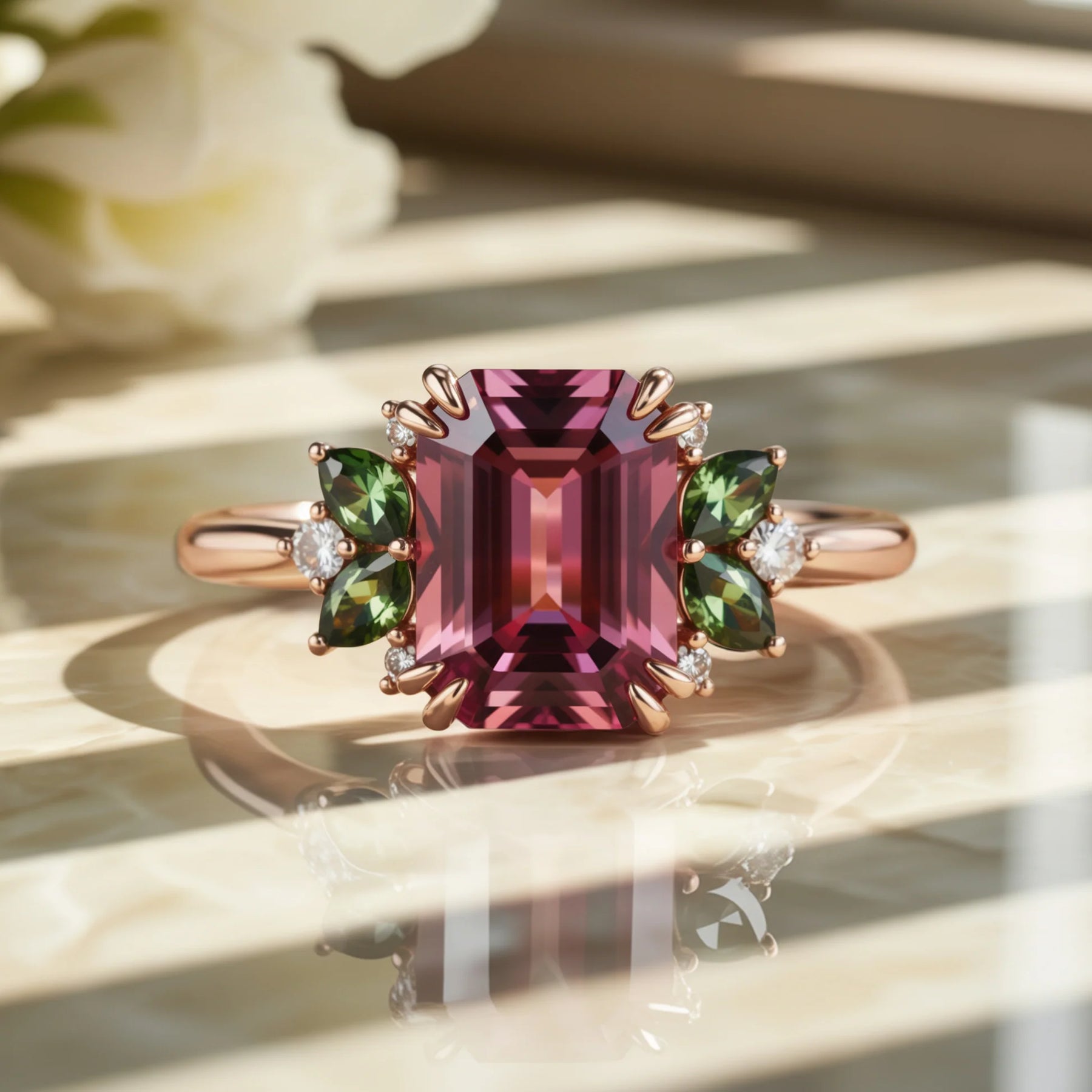 Solandra Emerald Cut Burgundy Gemstone Ring