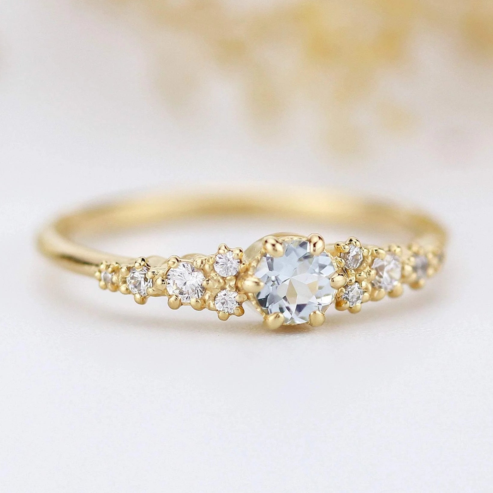 Round Cut Lab Grown Aquamarine Cluster Engagement Ring