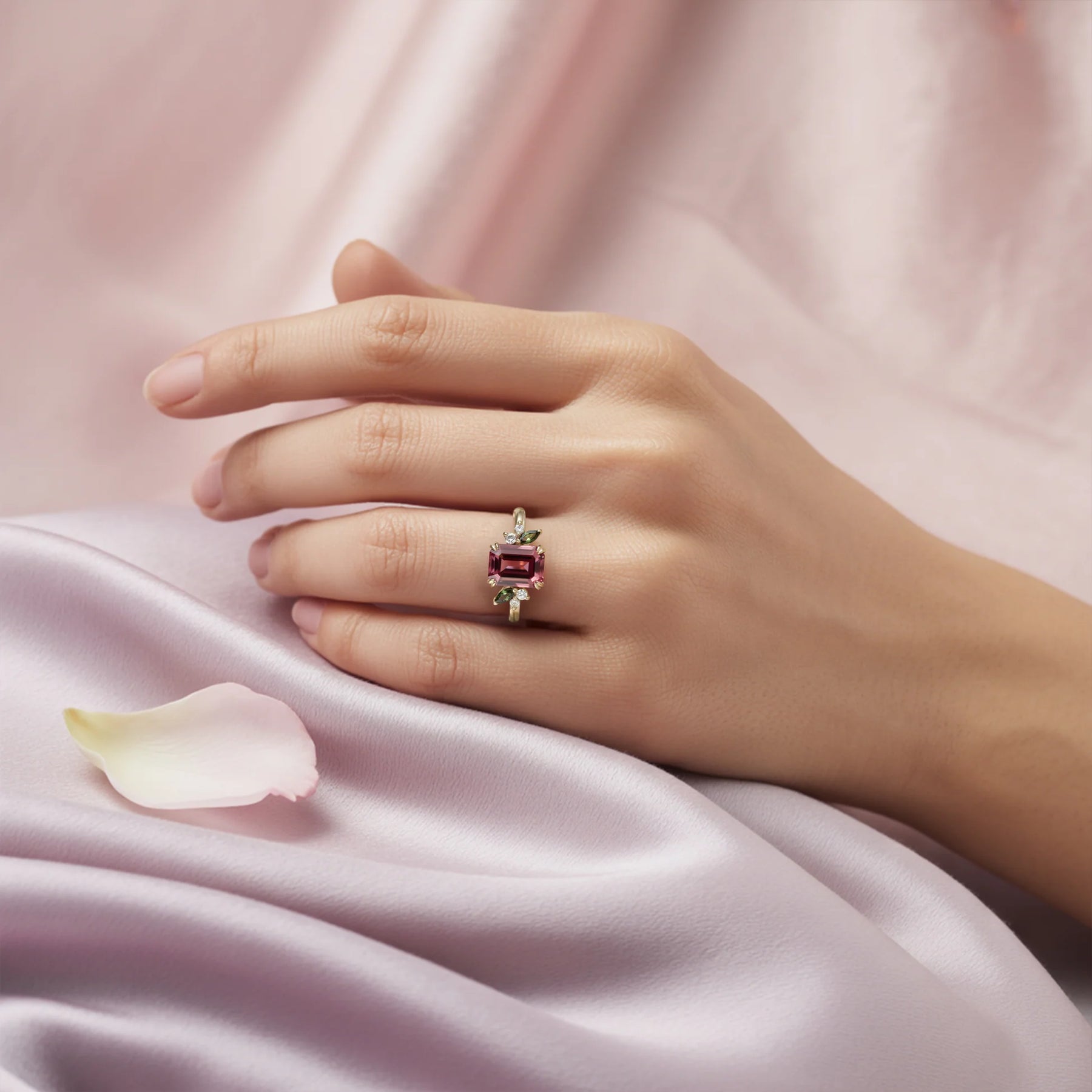 Virelia Vintage Emerald-Cut Entwined Branch Pink Gemstone Ring