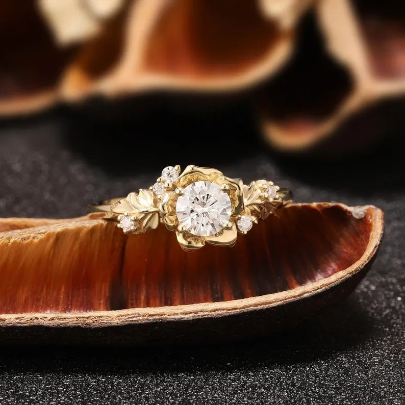 Nature Inspired Floral Round Cut Moissanite Engagement Cluster Ring