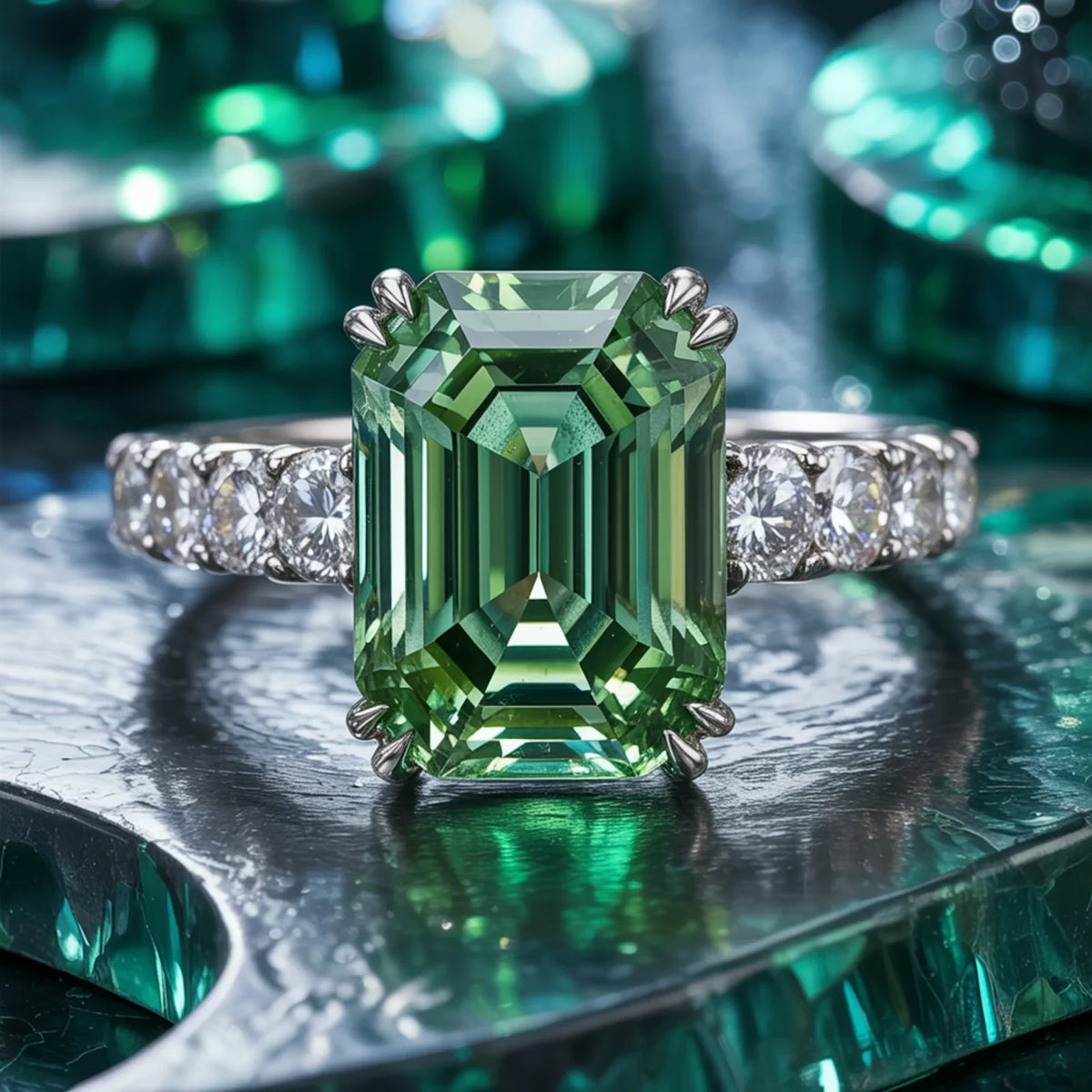 Camellia 3CT Emerald Cut Green Gemstone Ring