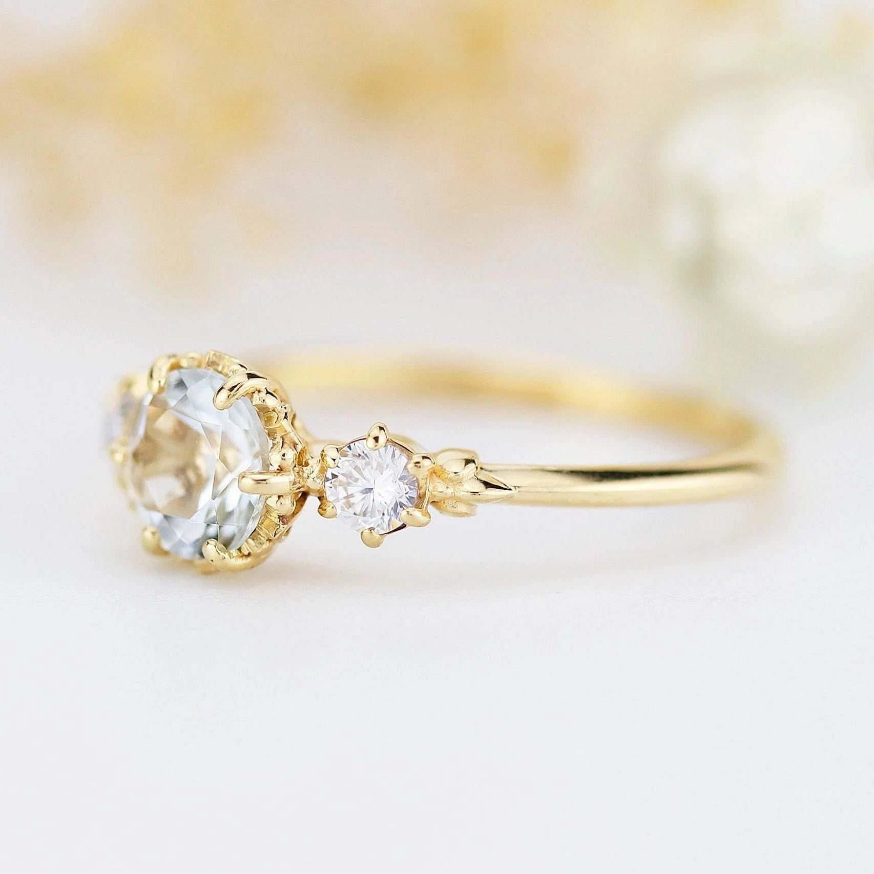 Round Cut Lab Grown Aquamarine Three-Stone Engagement Ring