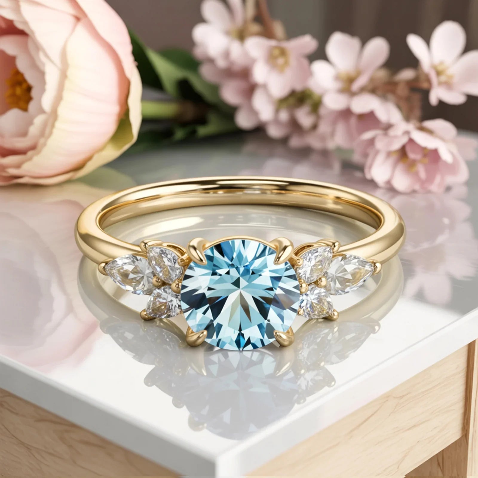 Bague Amaris en pierre précieuse bleue royale taille ronde, sertie de vigne