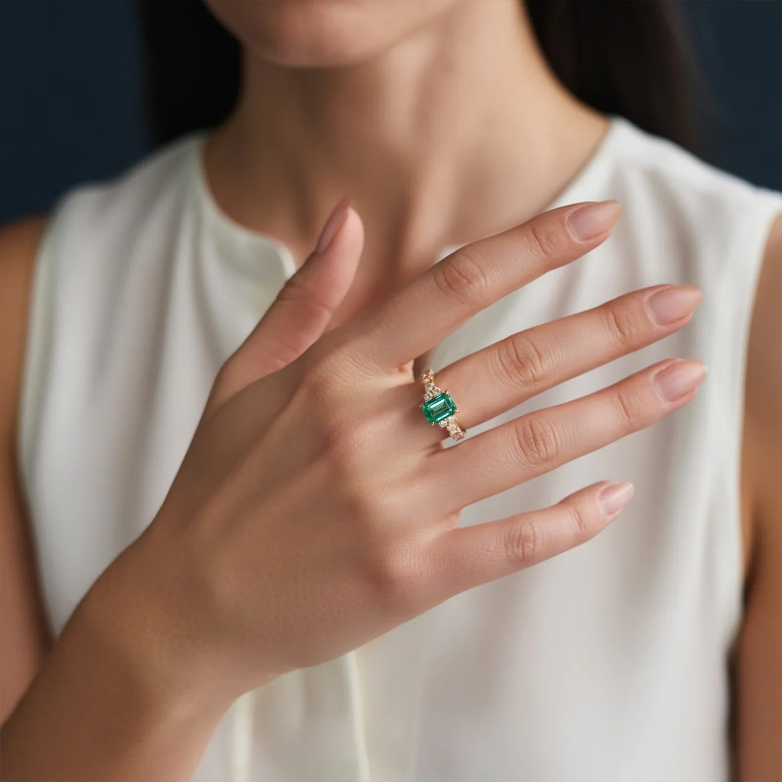 Der Adelina Rae Ring mit smaragdgeschliffenem grünem Edelstein