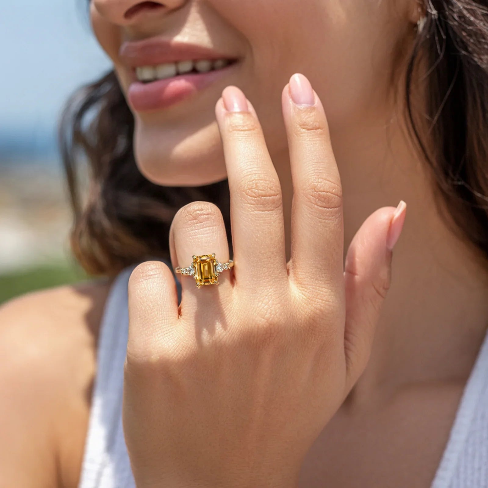 The Bella Emerald Cut Yellow Gemstone Ring