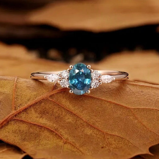 Nature Inspired Oval Cut Green Gemstone Cluster Engagement Ring