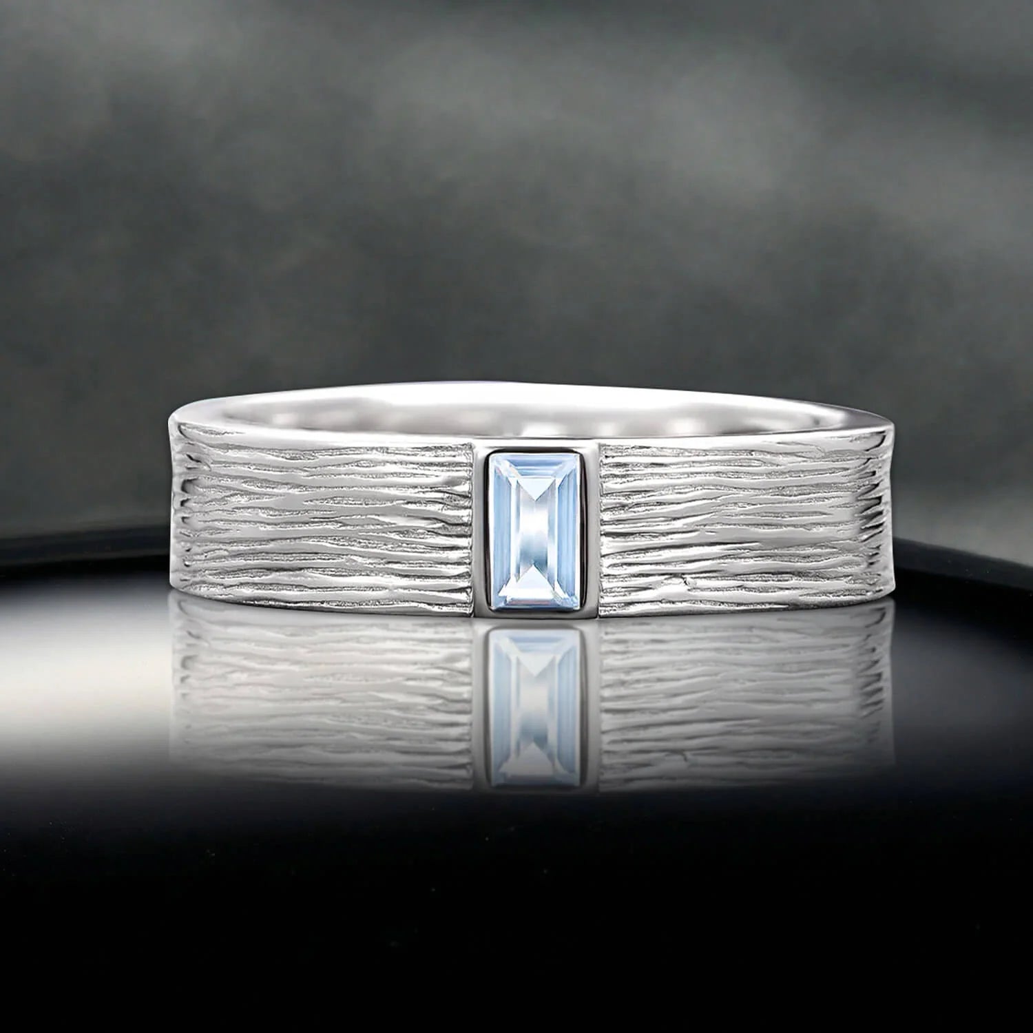 Bezel Emerald Cut Aquamarine Hammered Wedding Band in Sterling Silver