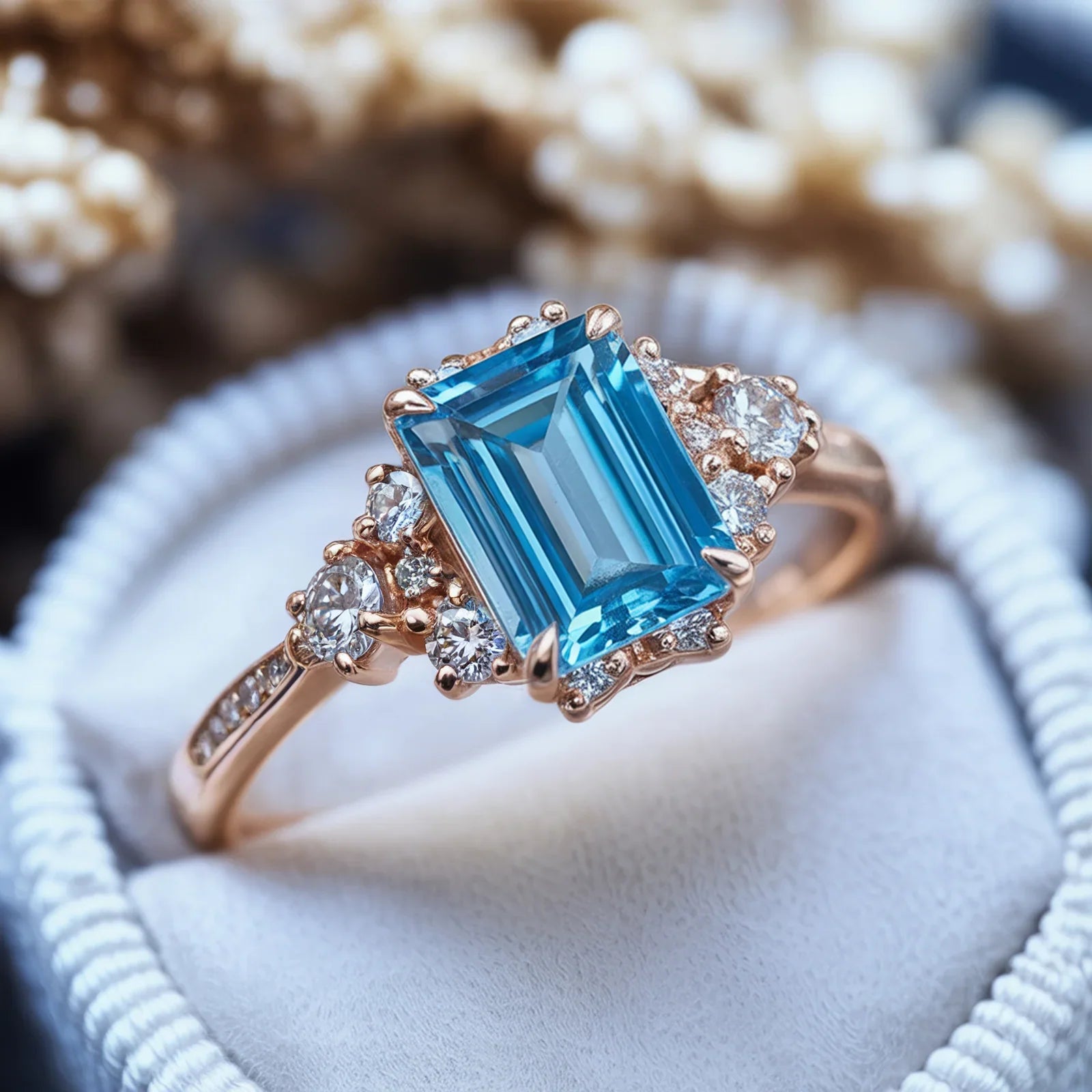 Der Bethany Emerald Cut Blue Moissanit Halo Ring